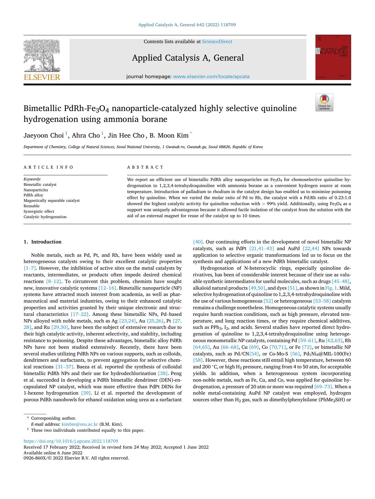 Bimetallic PdRh-Fe3O4 nanoparticle-catalyzed highly selective quinoline hydrogenation using ammonia borane by Jaeyoon Choi & Ahra Cho & Jin Hee Cho & B. Moon Kim