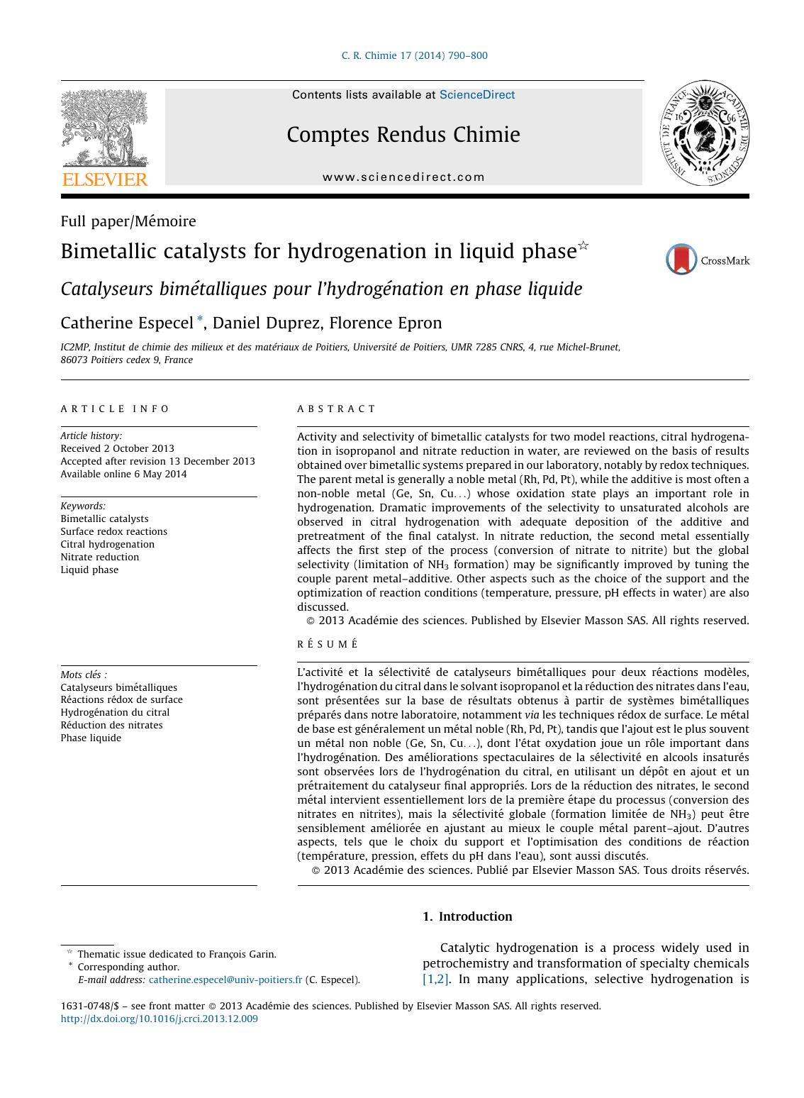 Bimetallic catalysts for hydrogenation in liquid phase by Catherine Especel & Daniel Duprez & Florence Epron