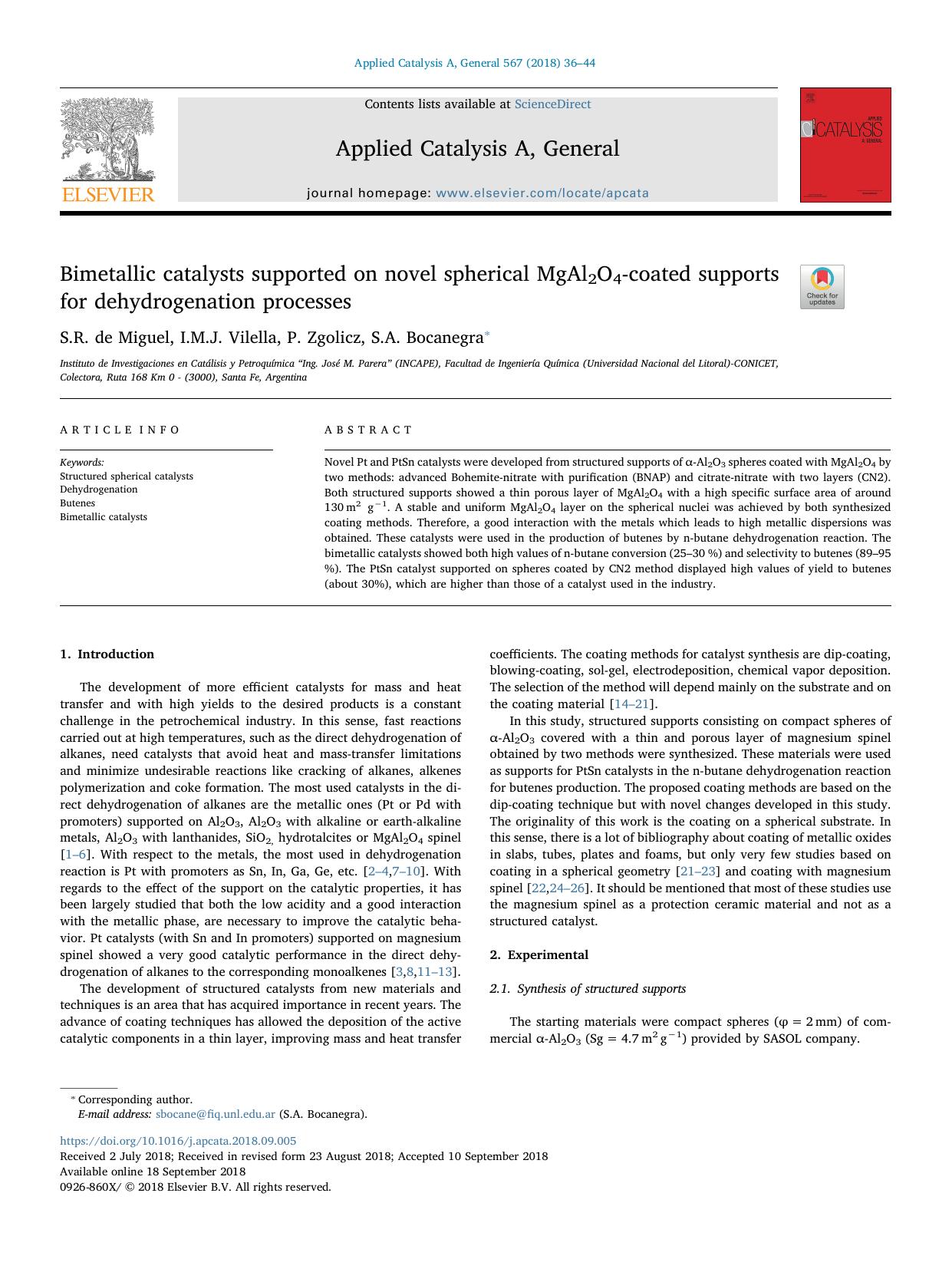 Bimetallic catalysts supported on novel spherical MgAl2O4-coated supports for dehydrogenation processes by S.R. de Miguel & I.M.J. Vilella & P. Zgolicz & S.A. Bocanegra