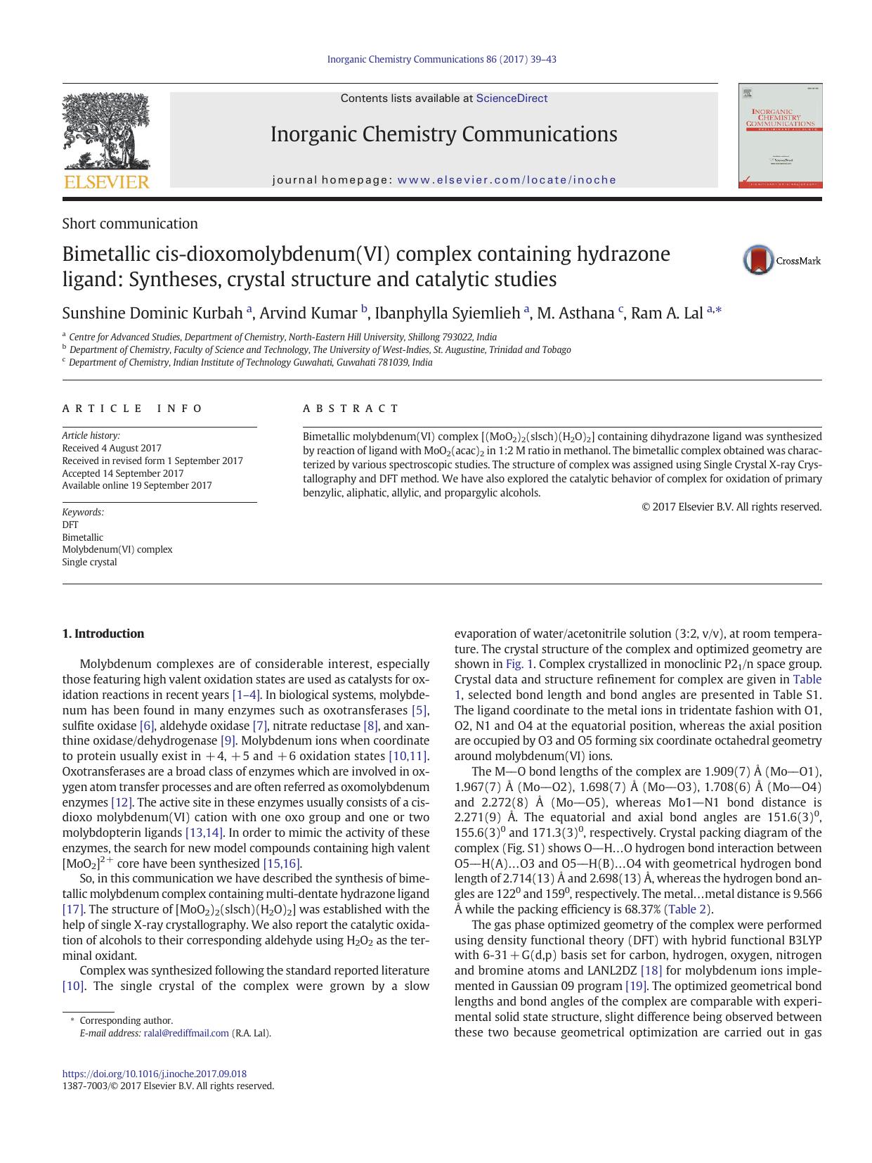 Bimetallic cis-dioxomolybdenum(VI) complex containing hydrazone ligand: Syntheses, crystal structure and catalytic studies by Sunshine Dominic Kurbah & Arvind Kumar & Ibanphylla Syiemlieh & M. Asthana & Ram A. Lal