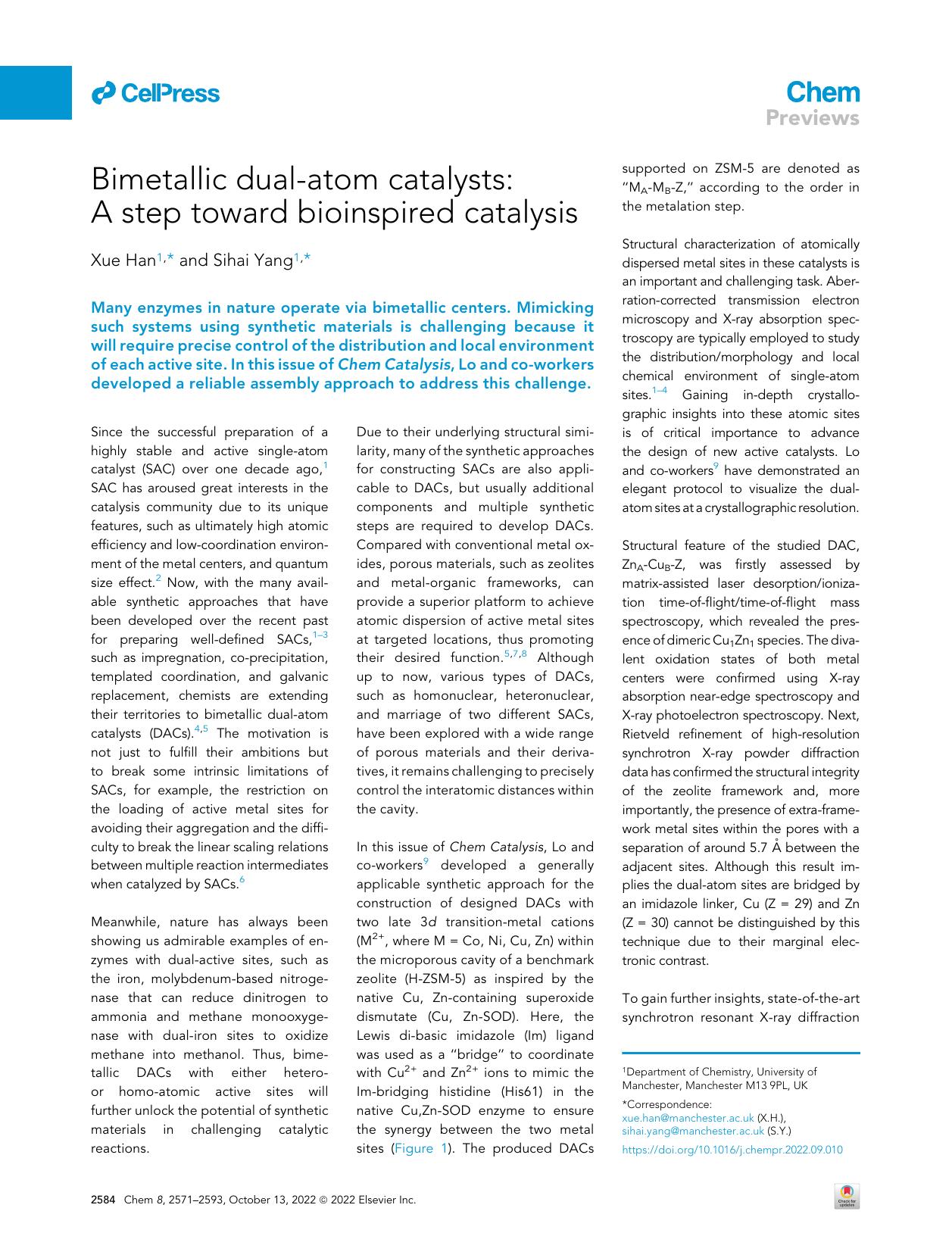 Bimetallic dual-atom catalysts: A step toward bioinspired catalysis by Xue Han & Sihai Yang