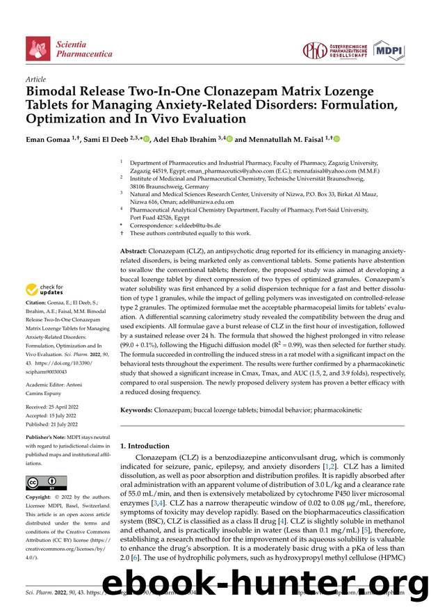 Bimodal Release Two-In-One Clonazepam Matrix Lozenge Tablets for Managing Anxiety-Related Disorders: Formulation, Optimization and In Vivo Evaluation by Eman Gomaa Sami El Deeb Adel Ehab Ibrahim & Mennatullah M. Faisal