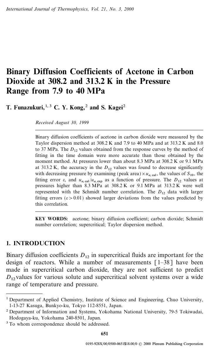Binary Diffusion Coefficients of Acetone in Carbon Dioxide at 308.2 and 313.2 K in the Pressure Range from 7.9 to 40 MPa by Unknown