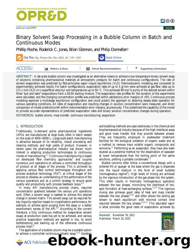 Binary Solvent Swap Processing in a Bubble Column in Batch and Continuous Modes by Phillip Roche Roderick C. Jones Brian Glennon and Philip Donnellan