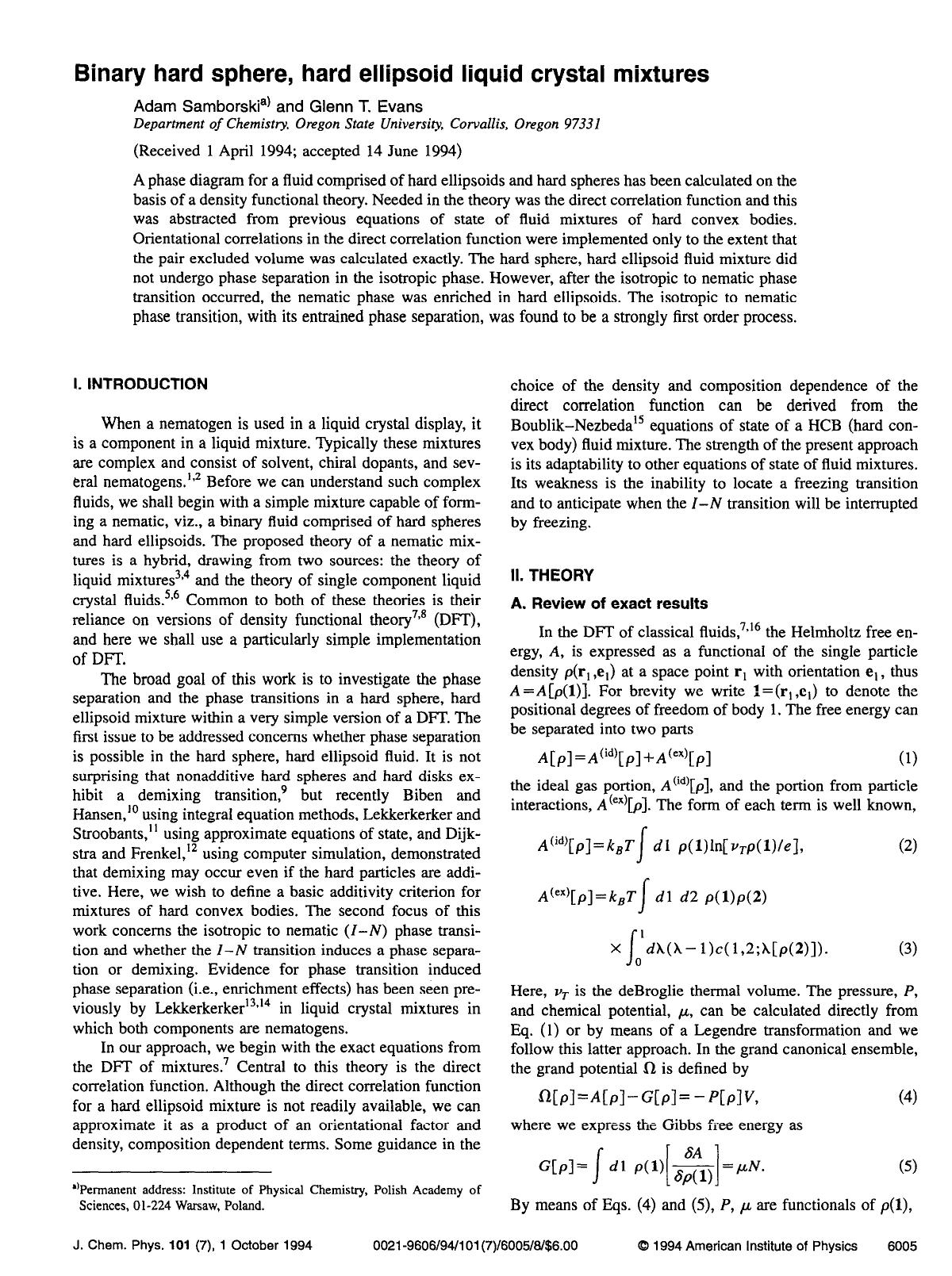 Binary hard sphere, hard ellipsoid liquid crystal mixtures by Adam Samborski; Glenn T. Evans