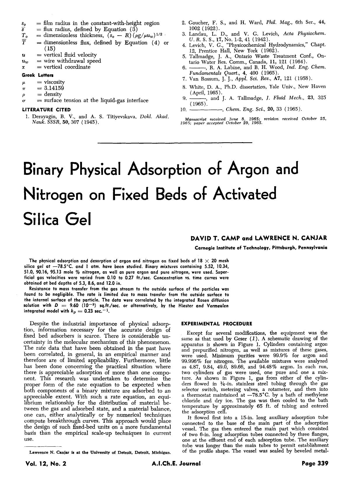 Binary physical adsorption of argon and nitrogen on fixed beds of activated silica gel by Unknown