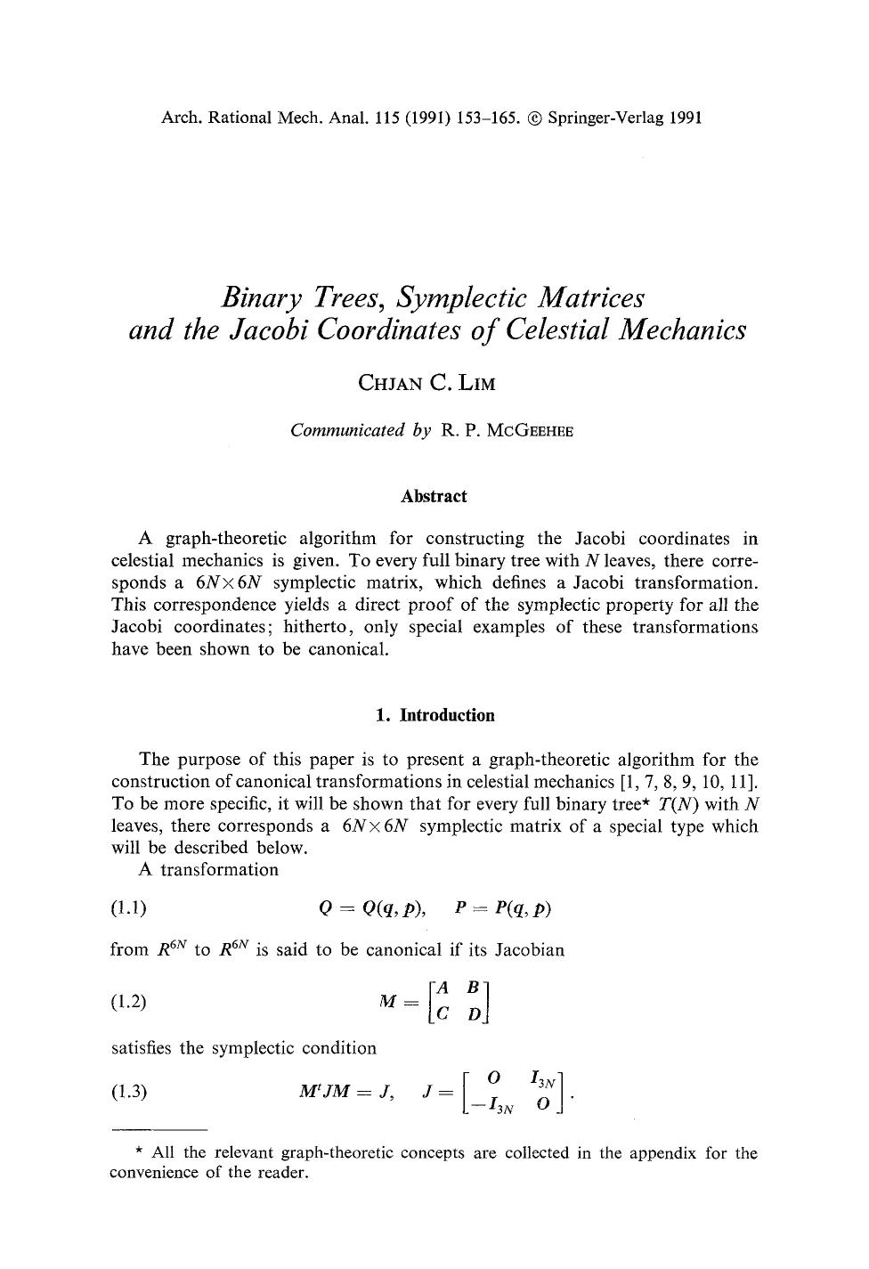 Binary trees, symplectic matrices and the Jacobi coordinates of celestial mechanics by Unknown
