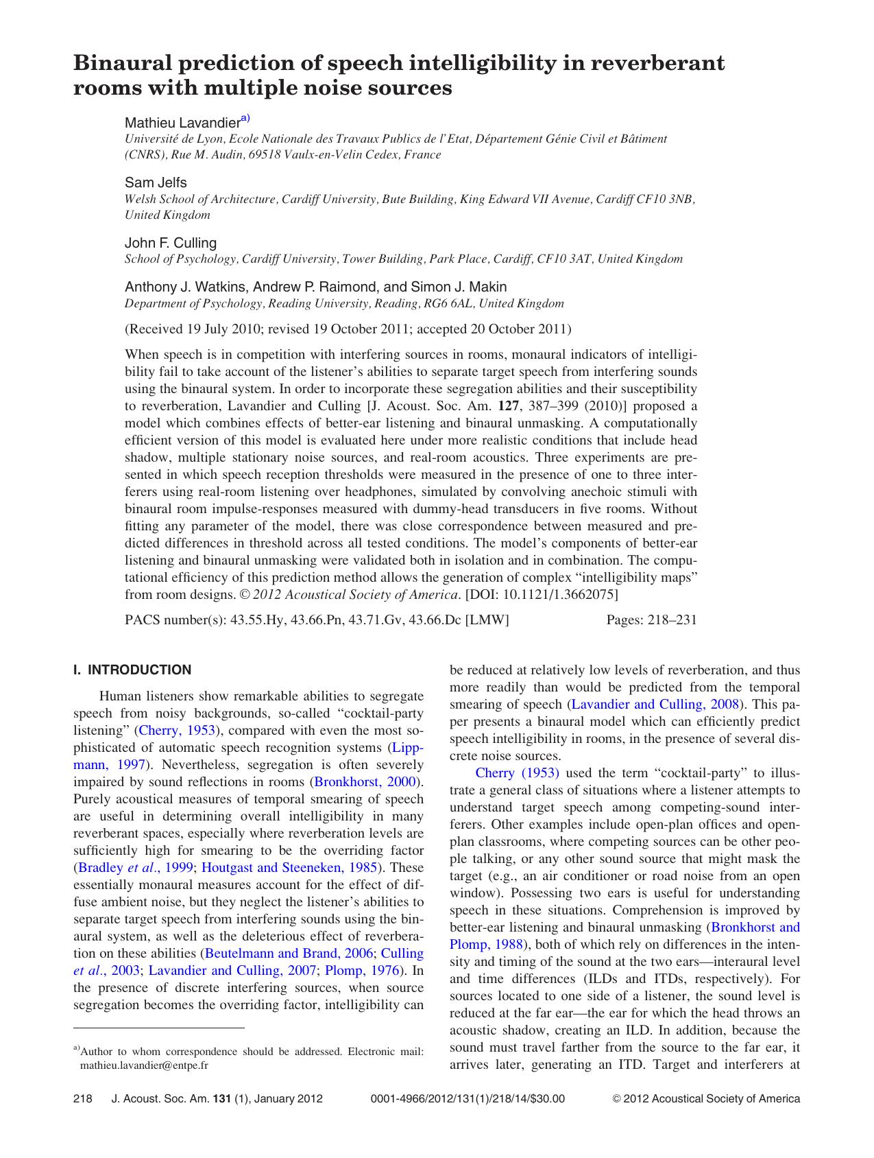 Binaural prediction of speech intelligibility in reverberant rooms with multiple noise sources by unknow