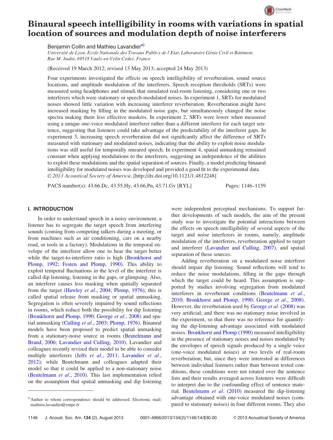Binaural speech intelligibility in rooms with variations in spatial location of sources and modulation depth of noise interferers by Benjamin Collin and Mathieu Lavandiera)
