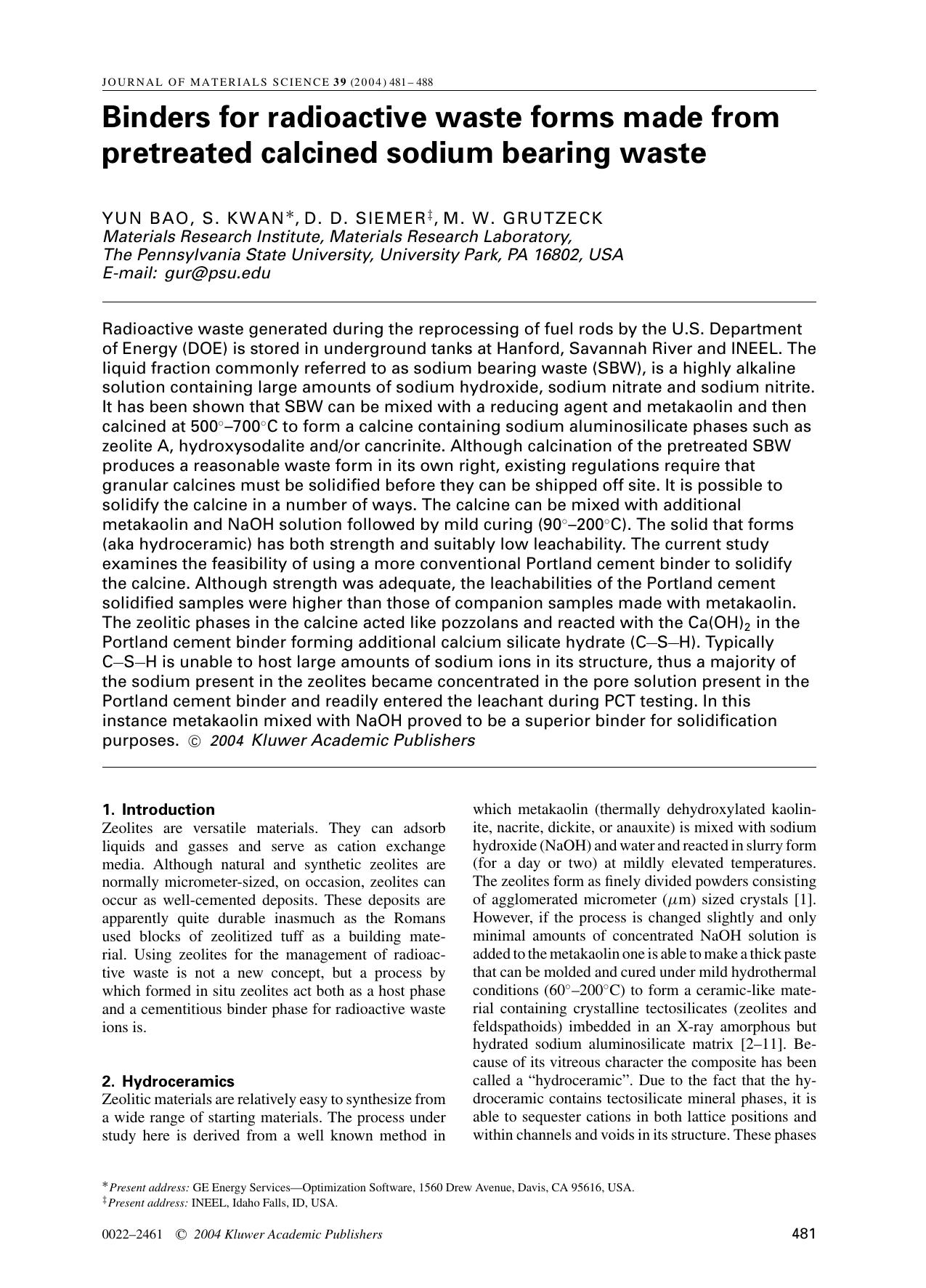 Binders for radioactive waste forms made from pretreated calcined sodium bearing waste by Unknown
