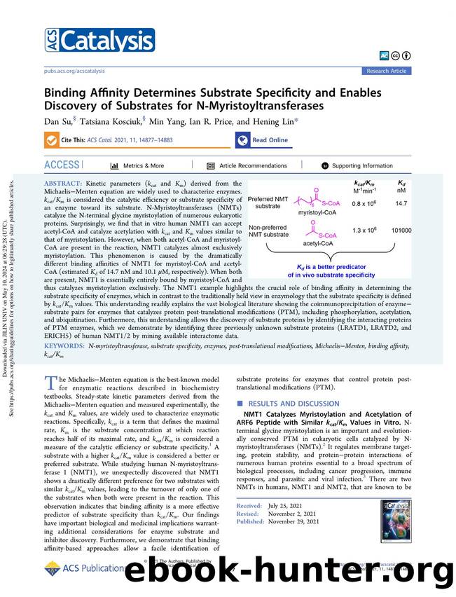 Binding Affinity Determines Substrate Specificity and Enables Discovery of Substrates for N-Myristoyltransferases by Dan Su Tatsiana Kosciuk Min Yang Ian R. Price & Hening Lin