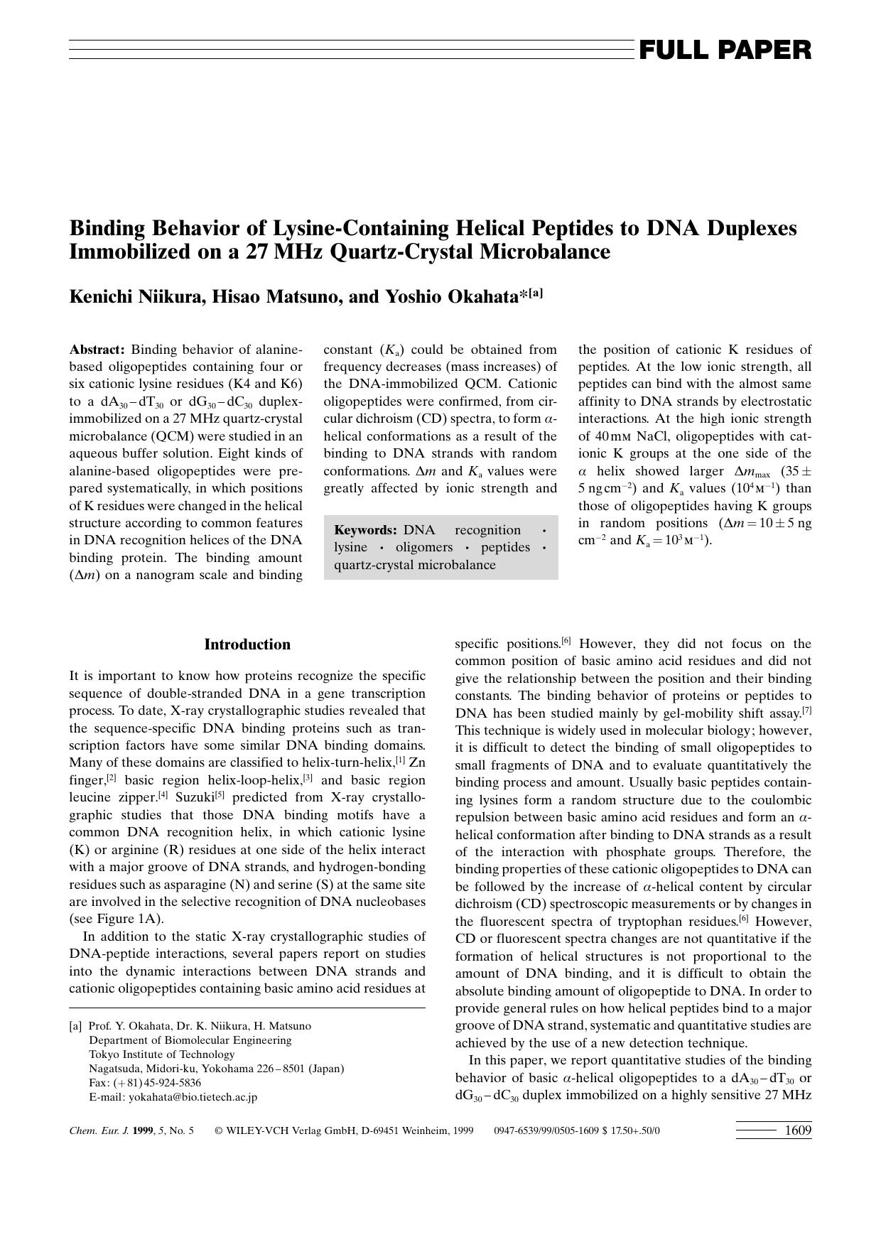 Binding Behavior of Lysine-Containing Helical Peptides to DNA Duplexes Immobilized on a 27 MHz Quartz-Crystal Microbalance by Unknown