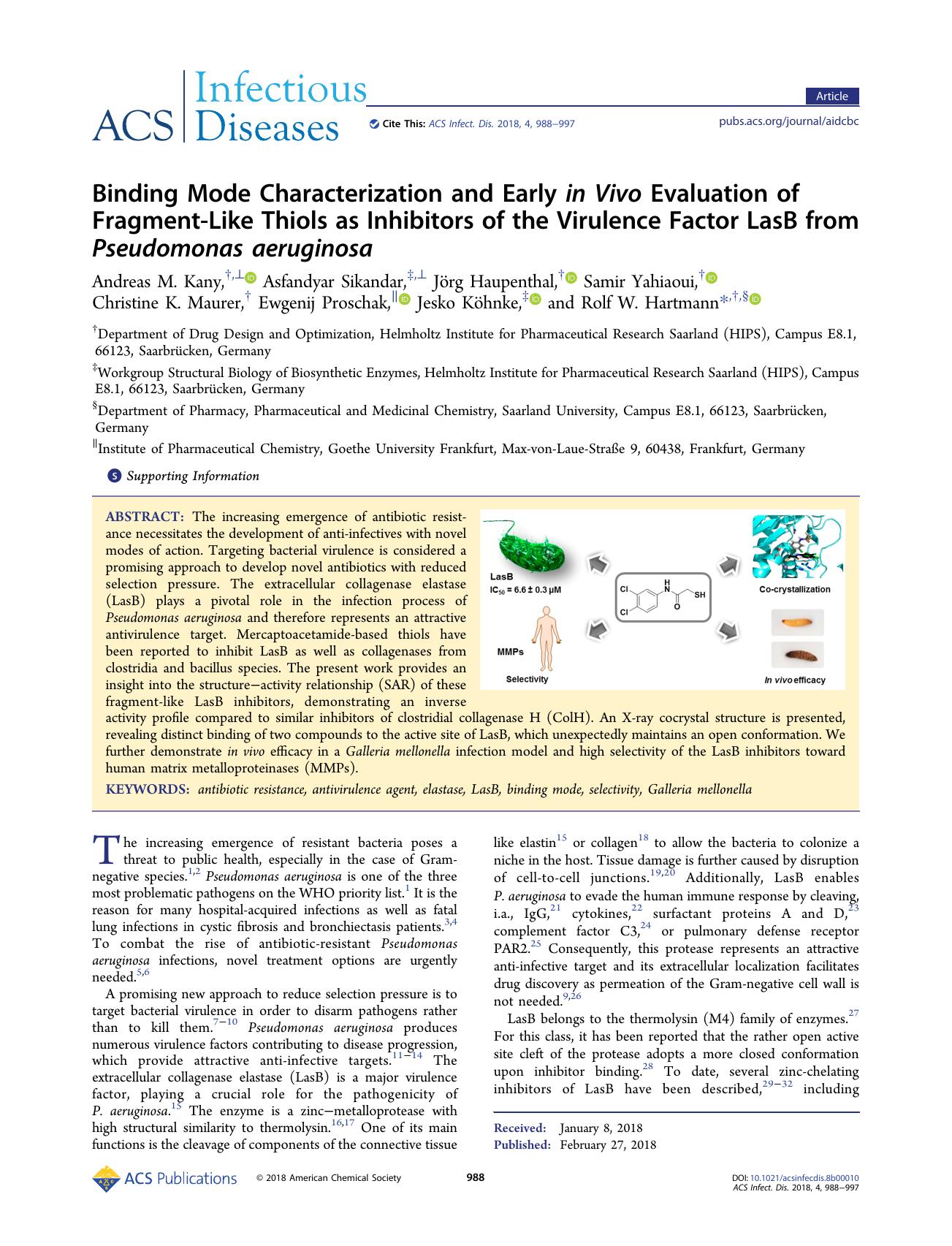 Binding Mode Characterization and Early in Vivo Evaluation of Fragment-Like Thiols as Inhibitors of the Virulence Factor LasB from Pseudomonas aeruginosa by unknow