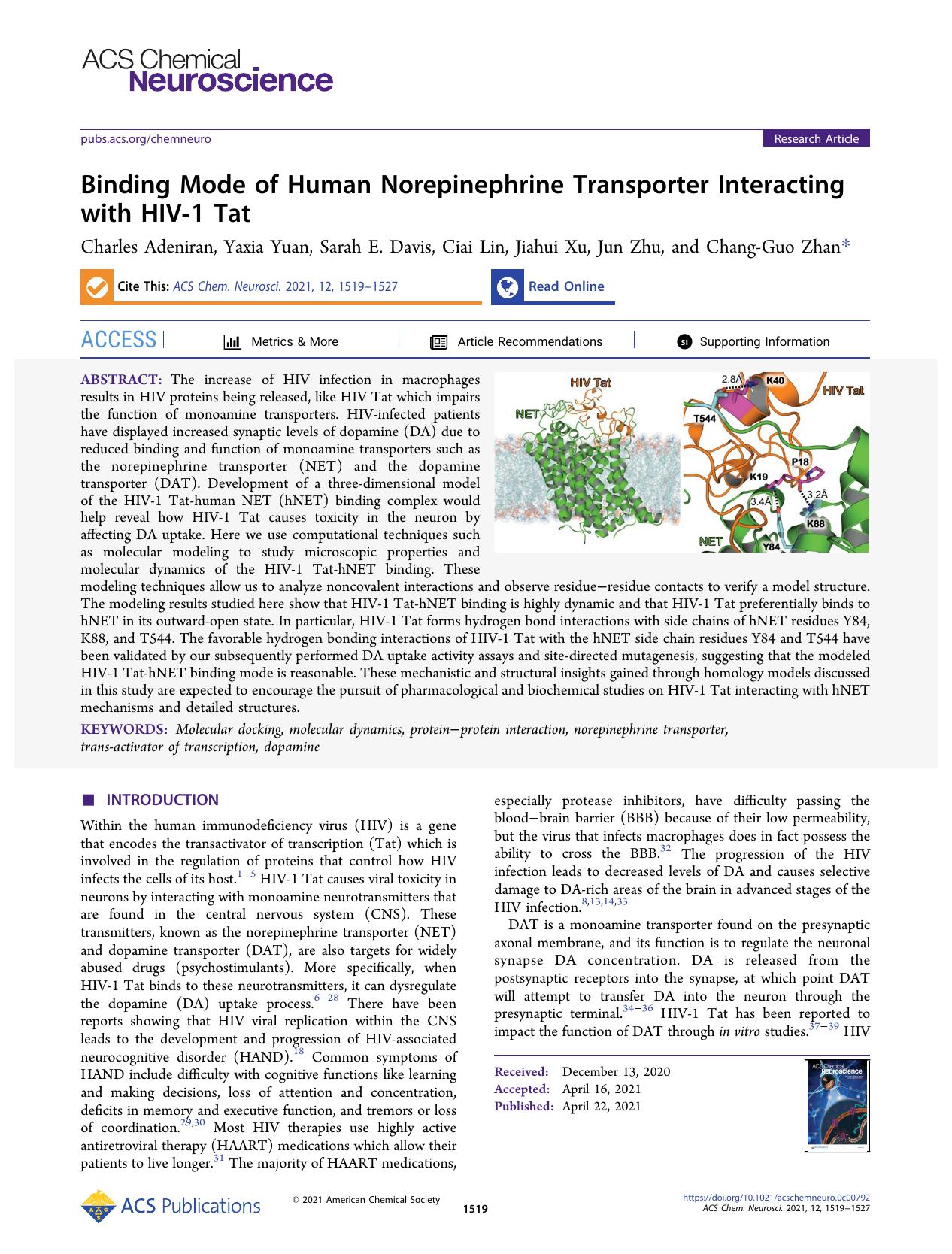 Binding Mode of Human Norepinephrine Transporter Interacting with HIV-1 Tat by Charles Adeniran Yaxia Yuan Sarah E. Davis Ciai Lin Jiahui Xu Jun Zhu and Chang-Guo Zhan