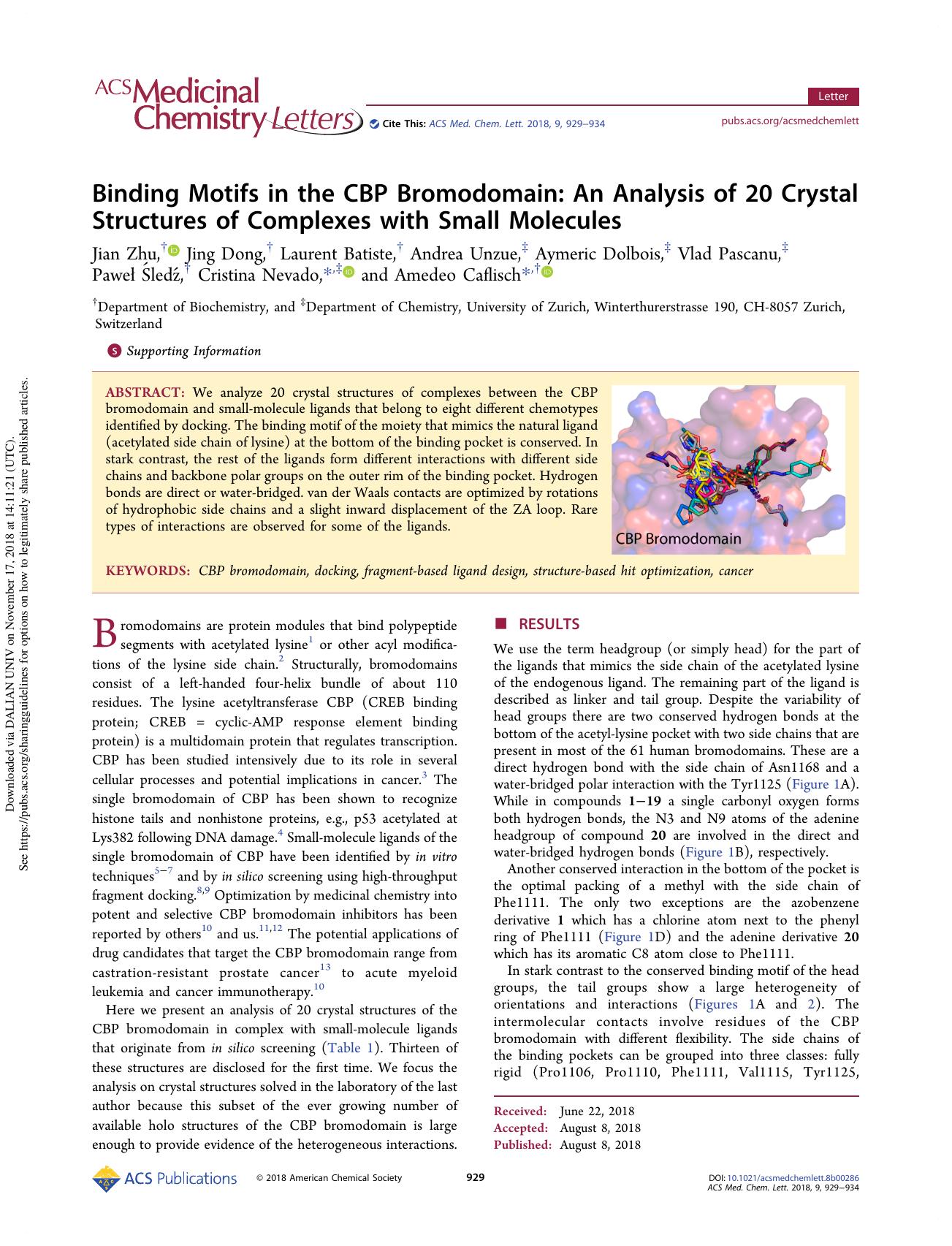 Binding Motifs in the CBP Bromodomain: An Analysis of 20 Crystal Structures of Complexes with Small Molecules by unknow