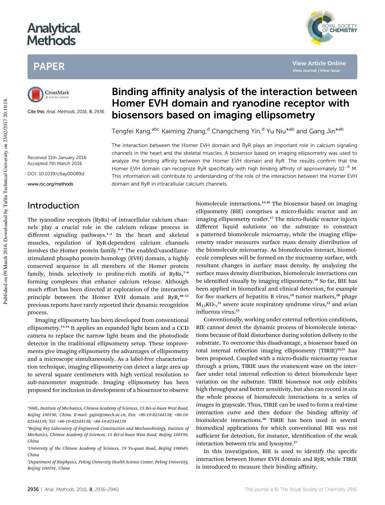 Binding affinity analysis of the interaction between Homer EVH domain and ryanodine receptor with biosensors based on imaging ellipsometry by Tengfei Kang & Kaiming Zhang & Changcheng Yin & Yu Niu & Gang Jin