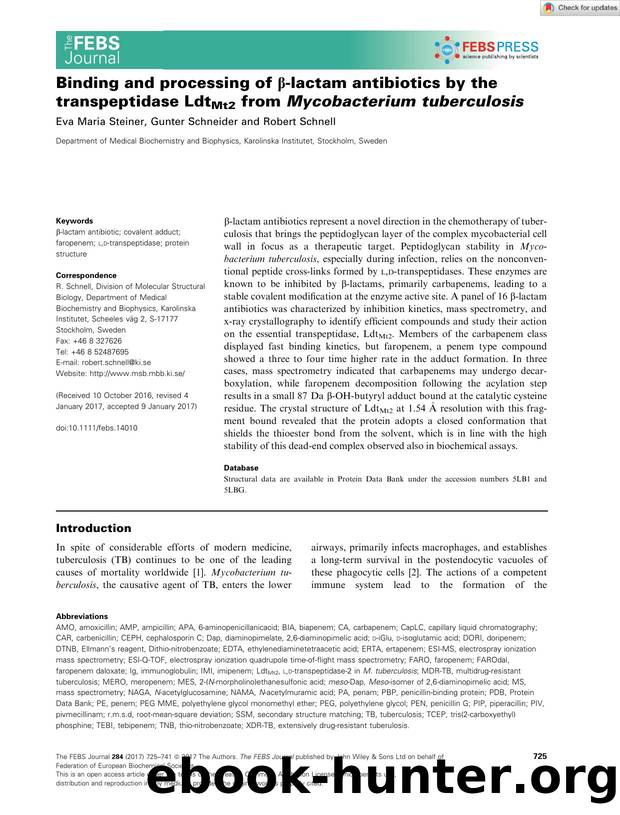 Binding and processing of Î²âlactam antibiotics by the transpeptidase LdtMt2 from Mycobacterium tuberculosis by Unknown