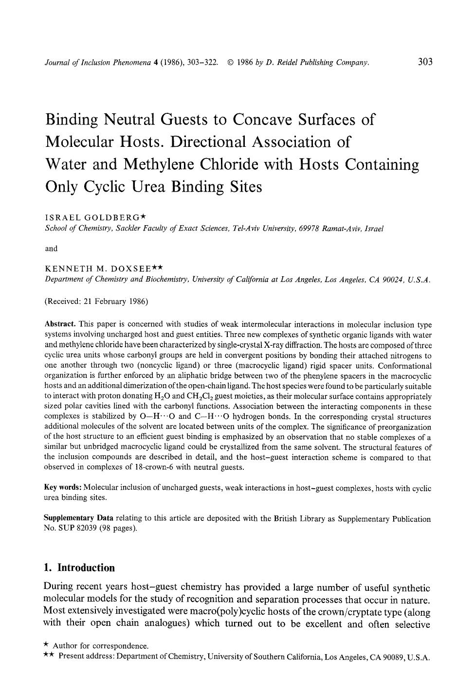 Binding neutral guests to concave surfaces of molecular hosts. Directional association of water and methylene chloride with hosts containing only cyclic urea binding sites by Unknown