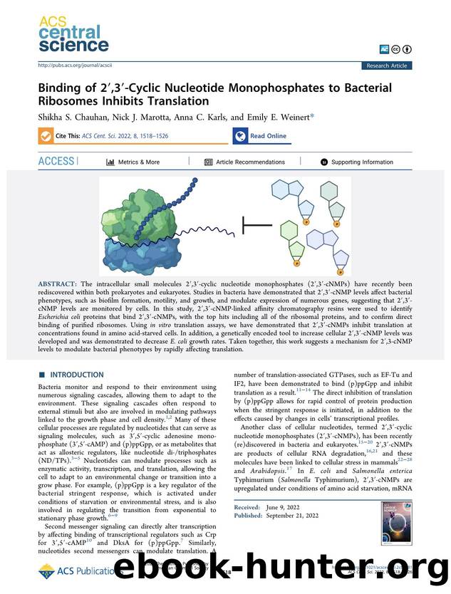 Binding of 2â²,3â²-Cyclic Nucleotide Monophosphates to Bacterial Ribosomes Inhibits Translation by unknow