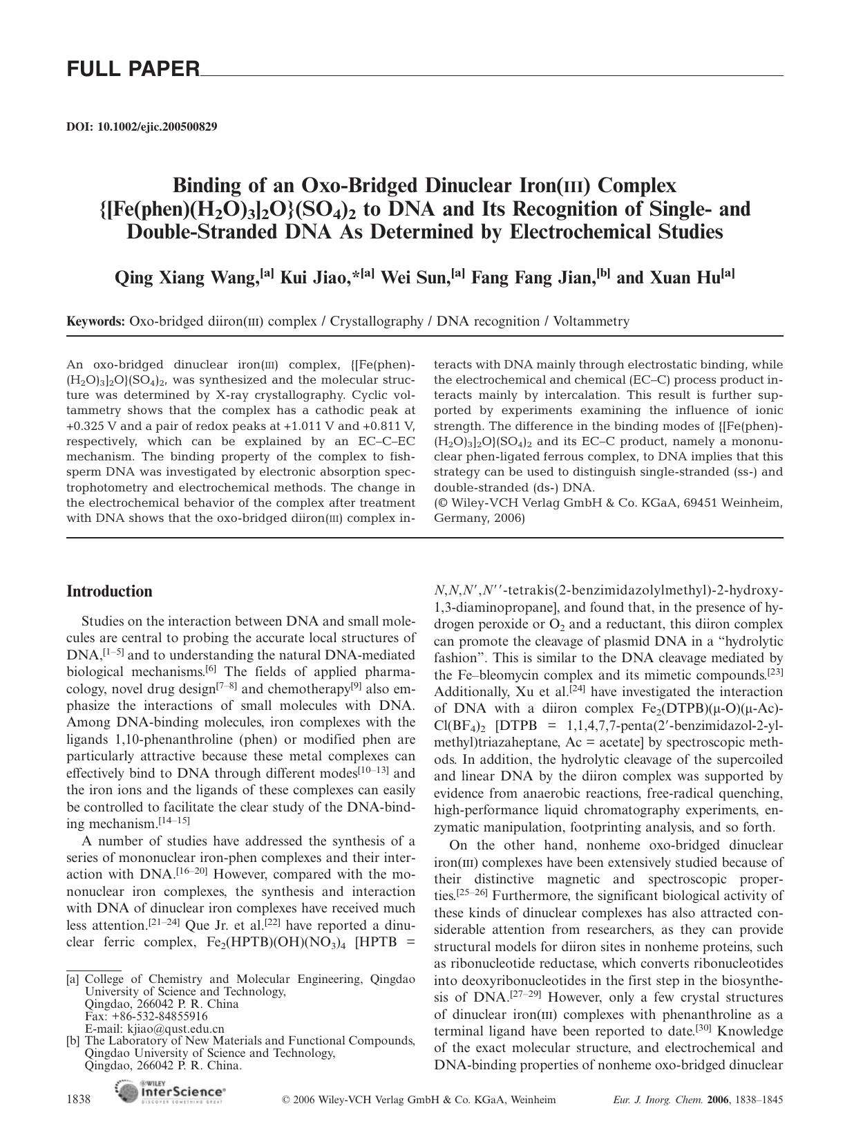 Binding of an Oxo-Bridged Dinuclear Iron(III) Complex{[Fe(phen)(H2O)3]2O}(SO4)2 to DNA and Its Recognition of Single- and Double-Stranded DNA As Determined by Electrochemical Studies by Unknown