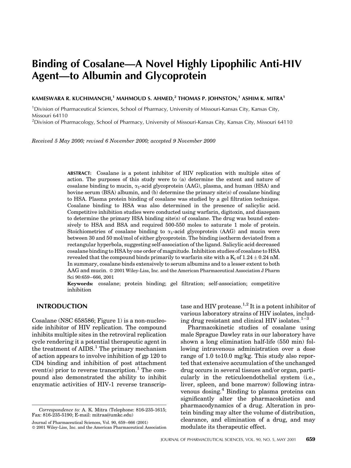 Binding of cosalane - a novel highly lipophilic anti-HIV agent - to albumin and glycoprotein by Unknown