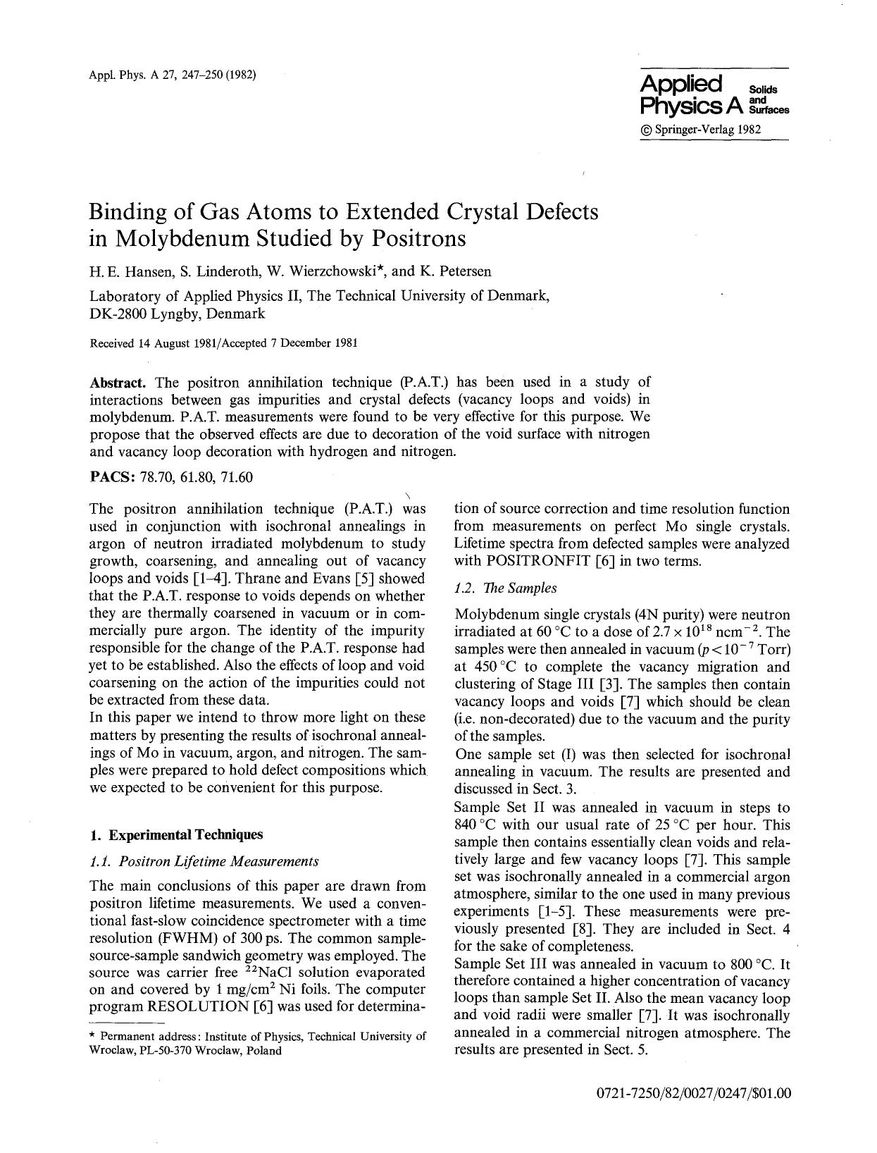 Binding of gas atoms to extended crystal defects in molybdenum studied by positrons by Unknown