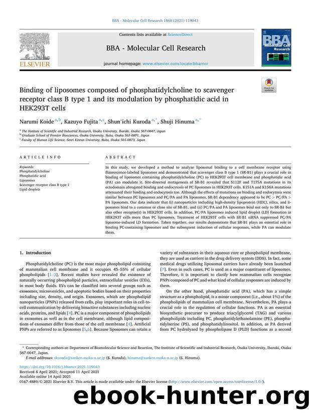 Binding of liposomes composed of phosphatidylcholine to scavenger receptor class B type 1 and its modulation by phosphatidic acid in HEK293T cells by Narumi Koide & Kazuyo Fujita & Shun'ichi Kuroda & Shuji Hinuma