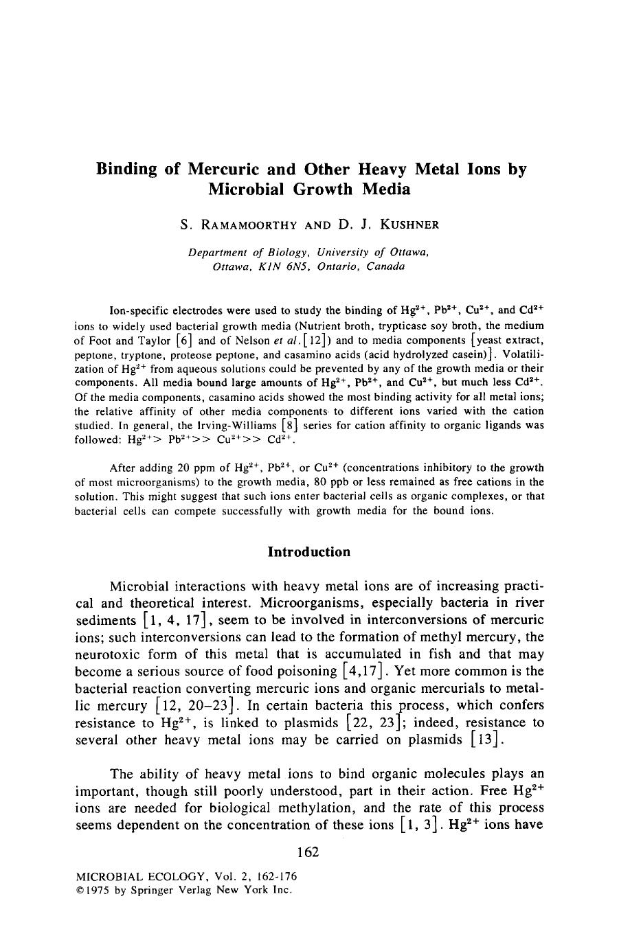 Binding of mercuric and other heavy metal ions by microbial growth media by Unknown