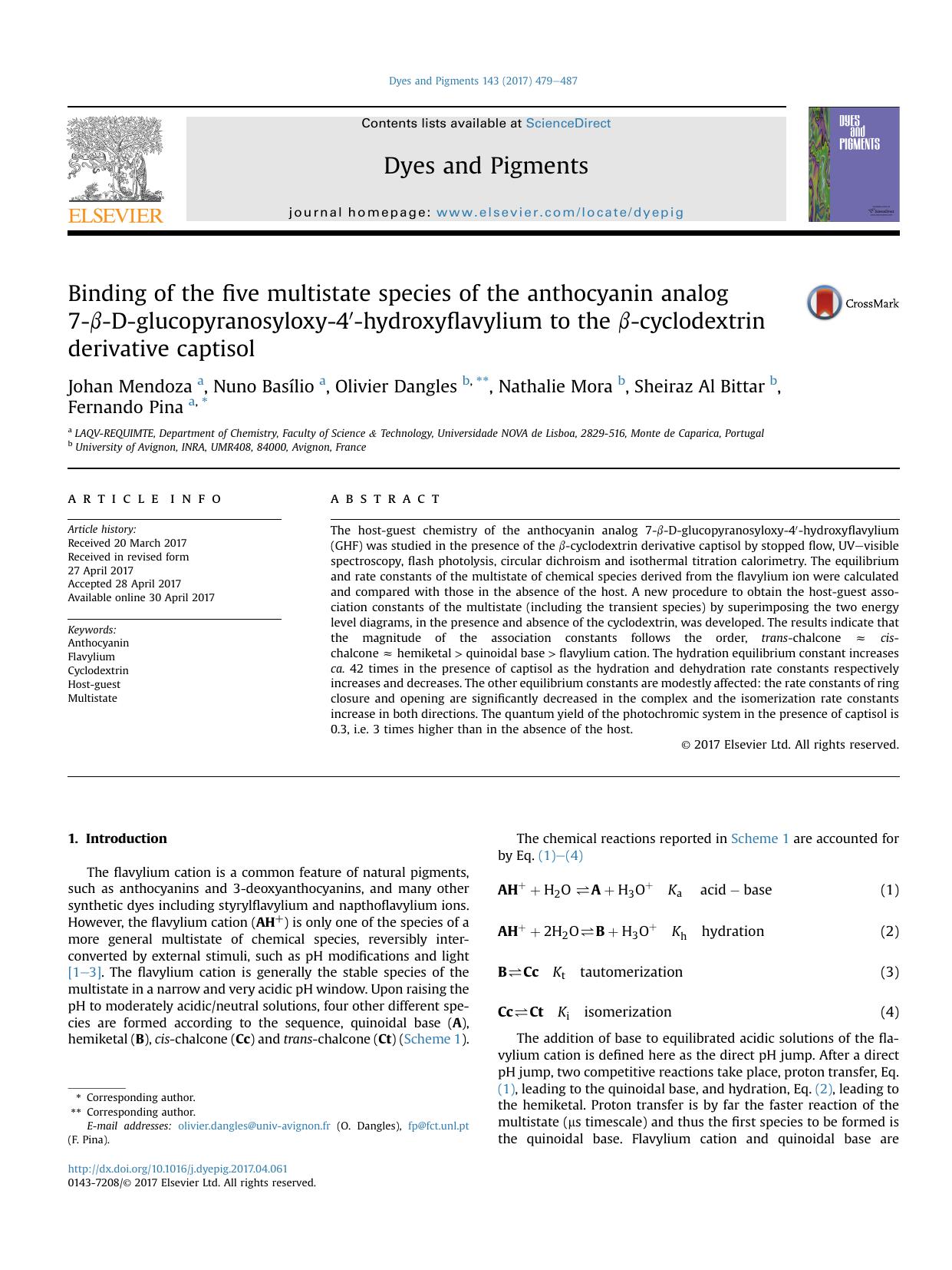 Binding of the five multistate species of the anthocyanin analog 7-&beta;-D-glucopyranosyloxy-4&prime;-hydroxyflavylium to the &beta;-cyclodextrin derivative captisol by Johan Mendoza & Nuno Basílio & Olivier Dangles & Nathalie Mora & Sheiraz Al Bittar & Fernando Pina