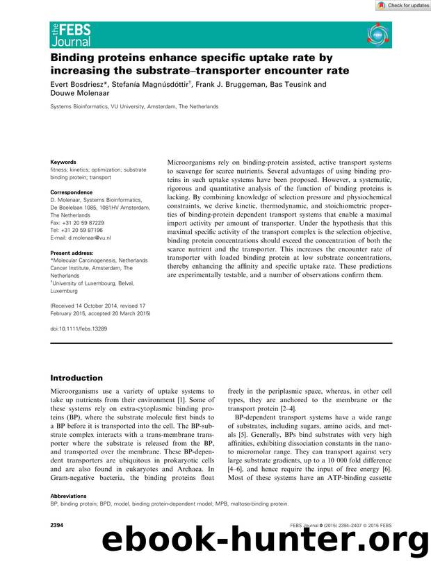 Binding proteins enhance specific uptake rate by increasing the substrateâtransporter encounter rate by Unknown