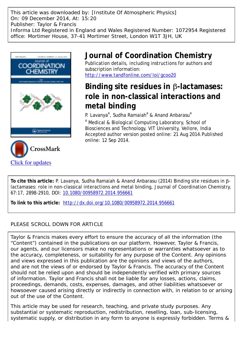 Binding site residues in Î²-lactamases: role in non-classical interactions and metal binding by P. Lavanya