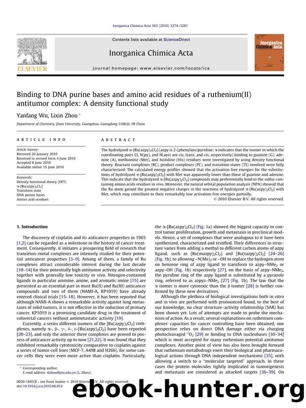 Binding to DNA purine bases and amino acid residues of a ruthenium(II) antitumor complex: A density functional study by Yanfang Wu & Lixin Zhou