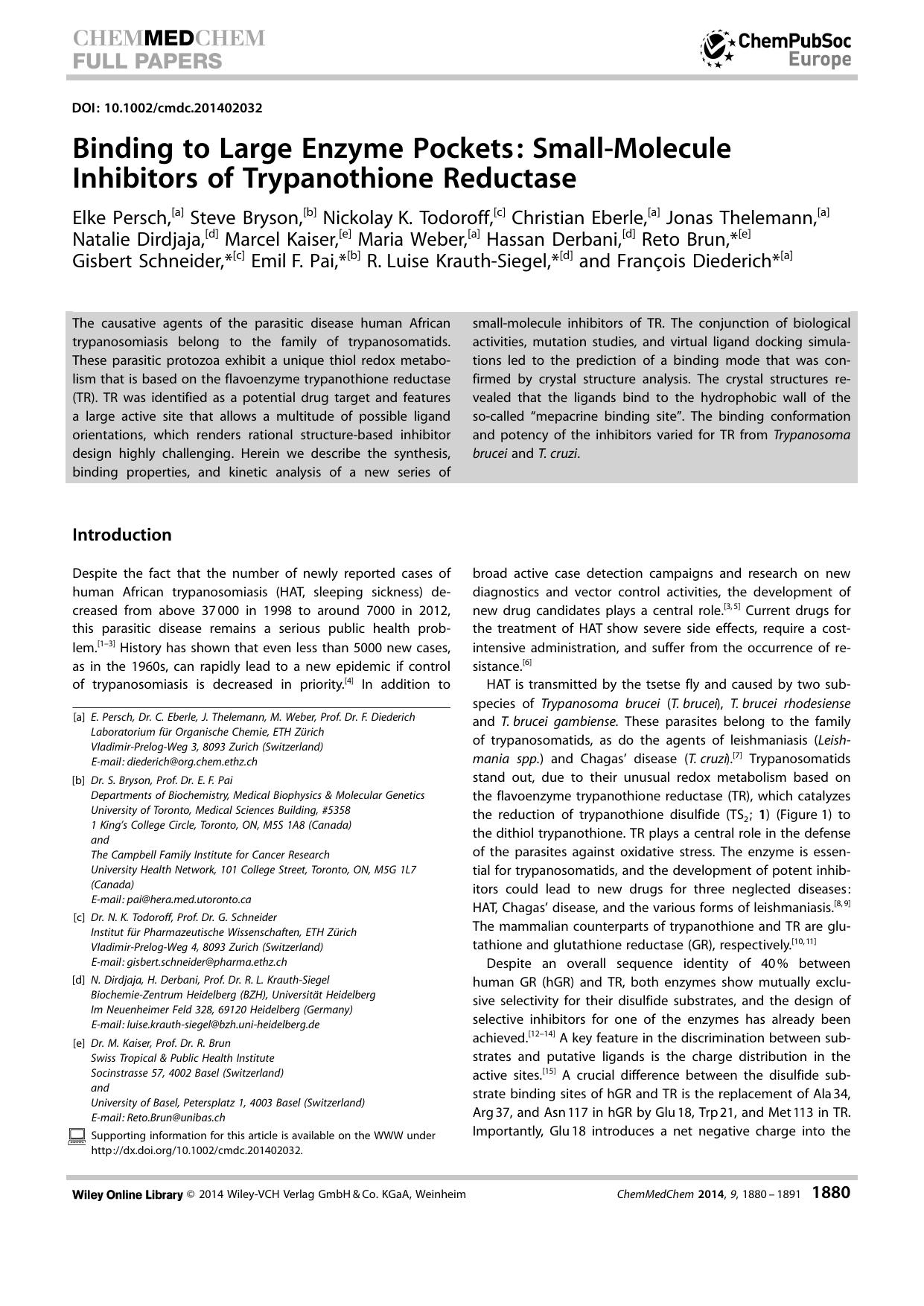 Binding to Large Enzyme Pockets: SmallMolecule Inhibitors of Trypanothione Reductase by Unknown