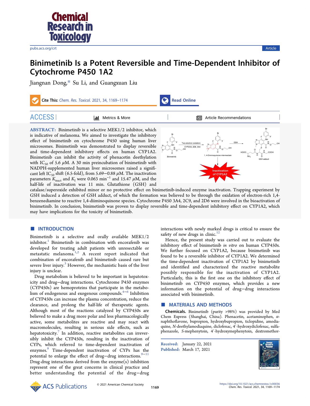 Binimetinib Is a Potent Reversible and Time-Dependent Inhibitor of Cytochrome P450 1A2 by Jiangnan Dong Su Li and Guangxuan Liu