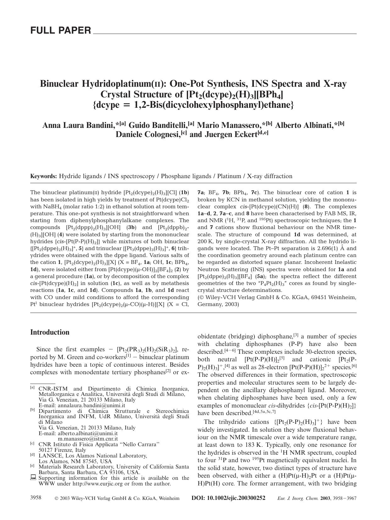 Binuclear Hydridoplatinum(II): One-Pot Synthesis, INS Spectra and X-ray Crystal Structure of [Pt2(dcype)2(H)3][BPh4] {dcype = 1,2-Bis(dicyclohexylphosphanyl)ethane} by Unknown