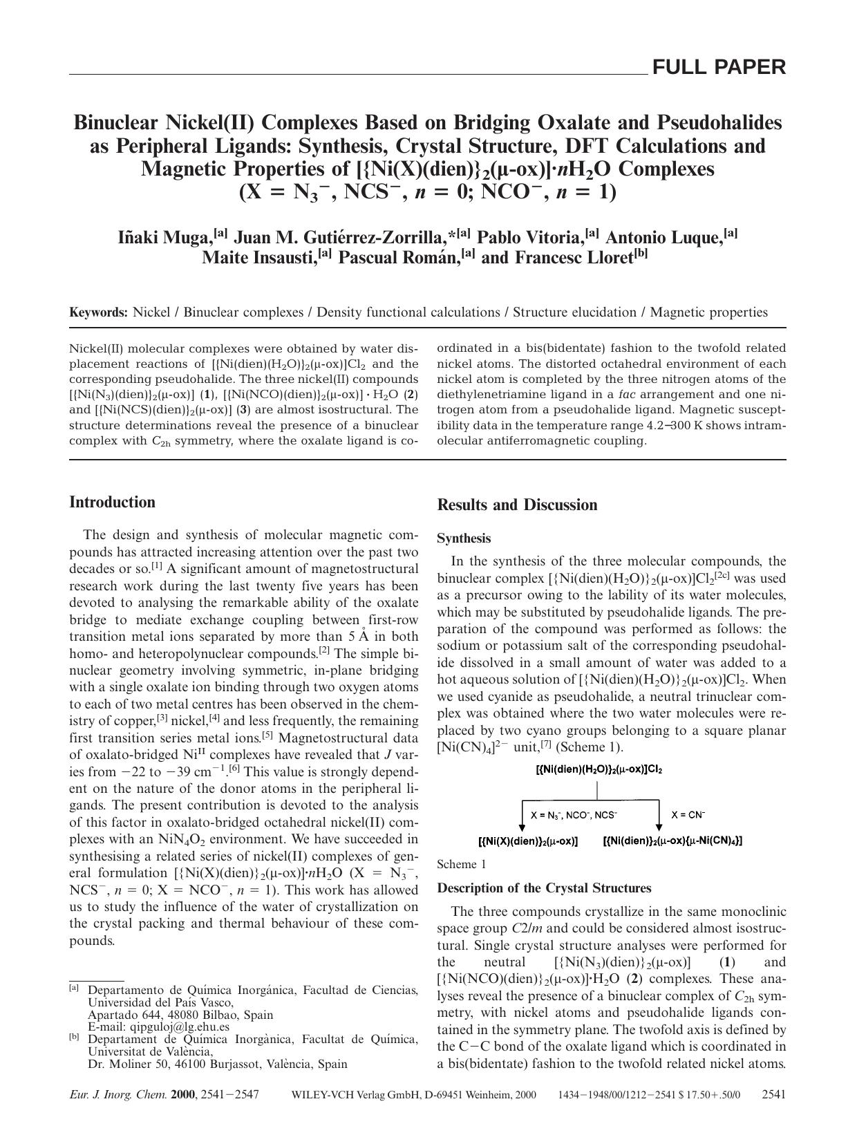 Binuclear Nickel(II) Complexes Based on Bridging Oxalate and Pseudohalides as Peripheral Ligands: Synthesis, Crystal Structure, DFT Calculations and Magnetic Properties of [{Ni(X)( by Unknown