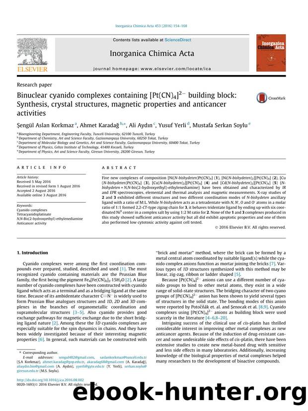 Binuclear cyanido complexes containing [Pt(CN)4]2Ã¢Ëâ building block: Synthesis, crystal structures, magnetic properties and anticancer activities by ÅžengÃ¼l Aslan Korkmaz & Ahmet Karadağ & Ali Aydın & Yusuf Yerli & Mustafa Serkan Soylu