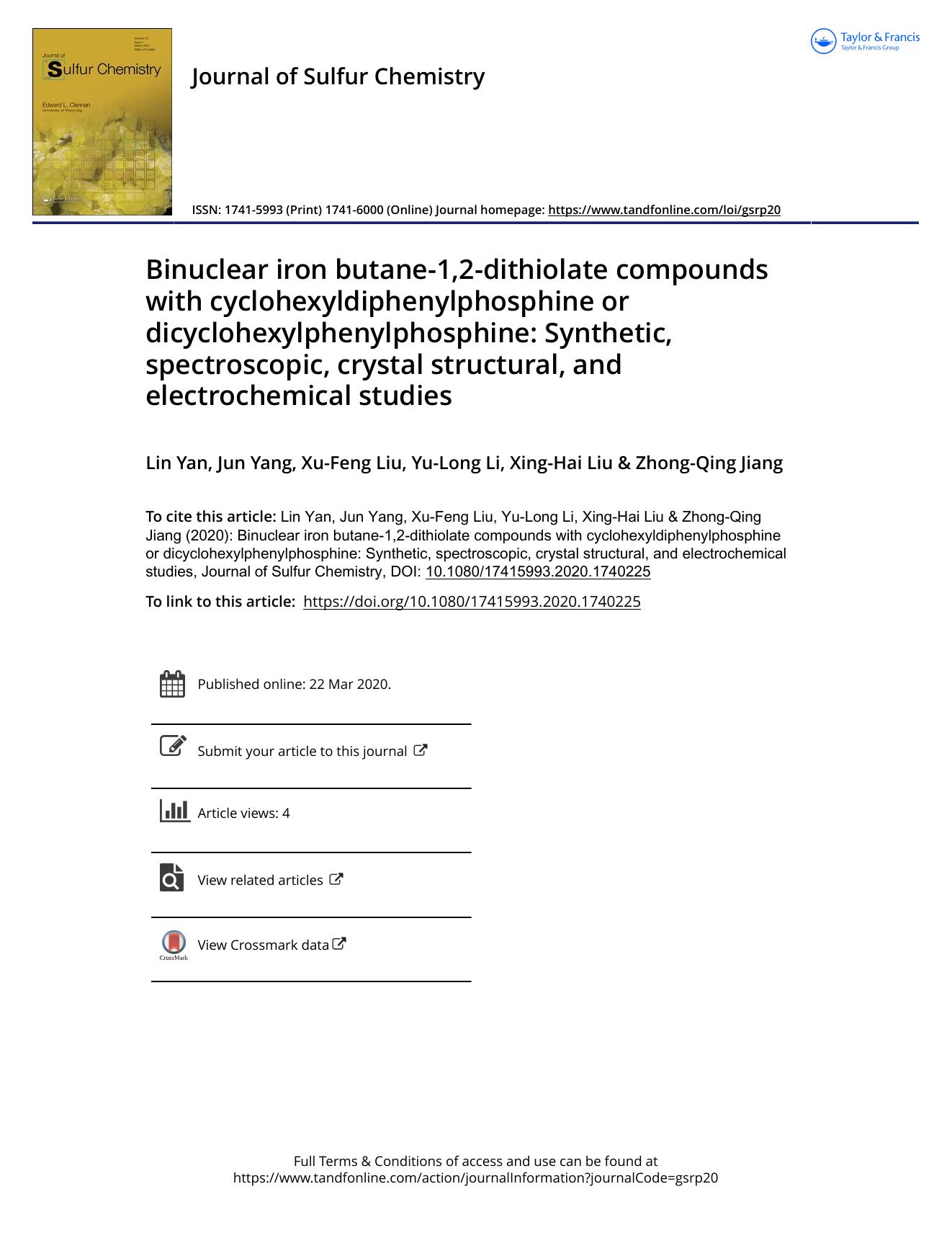 Binuclear iron butane-1,2-dithiolate compounds with cyclohexyldiphenylphosphine or dicyclohexylphenylphosphine: Synthetic, spectroscopic, crystal structural, and electrochemical studies by Lin Yan; Jun Yang; Xu-Feng Liu; Yu-Long Li; Xing-Hai Liu; Zhong-Qing Jiang