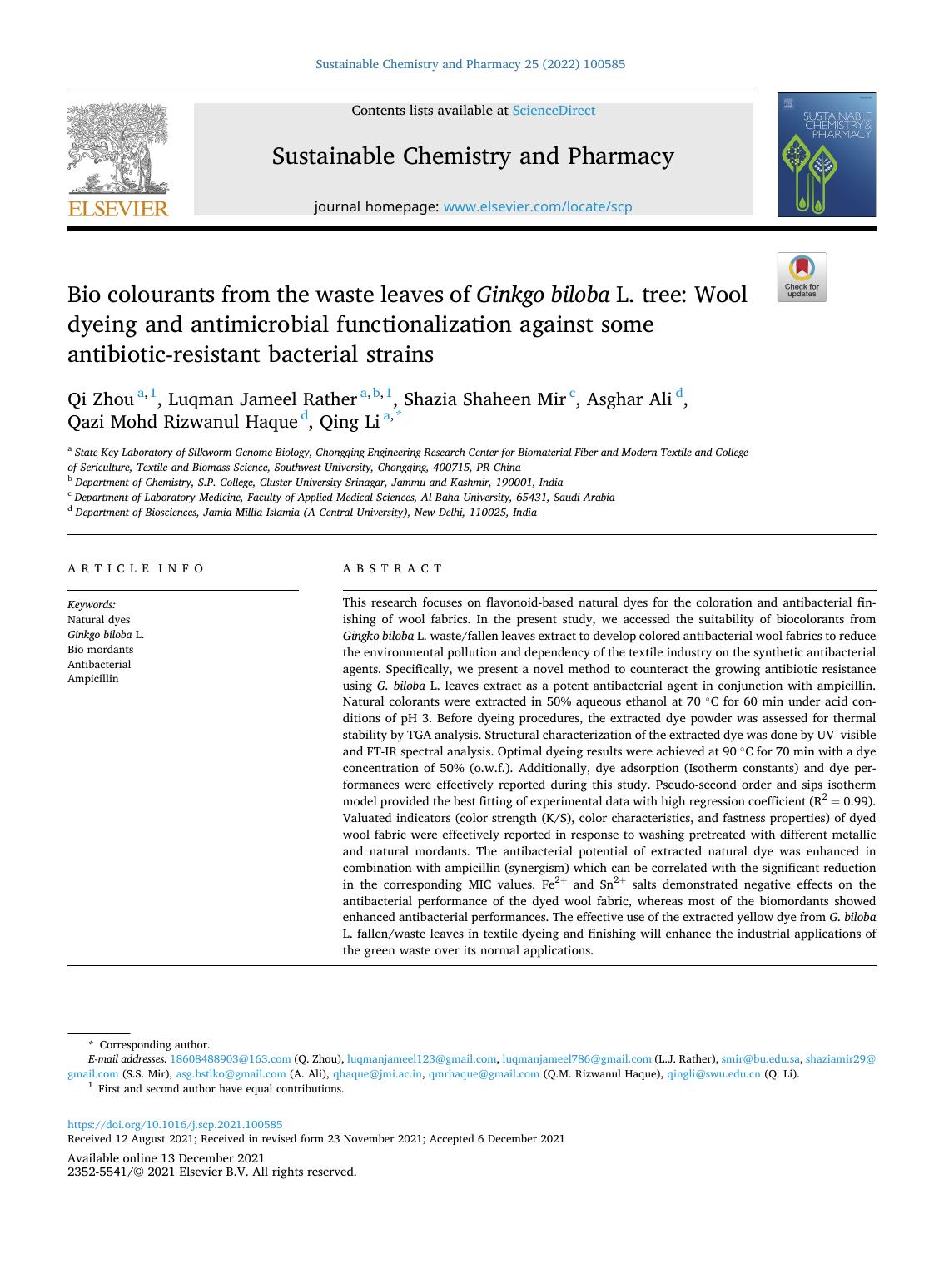 Bio colourants from the waste leaves of Ginkgo biloba L. tree: Wool dyeing and antimicrobial functionalization against some antibiotic-resistant bacterial strains by unknow