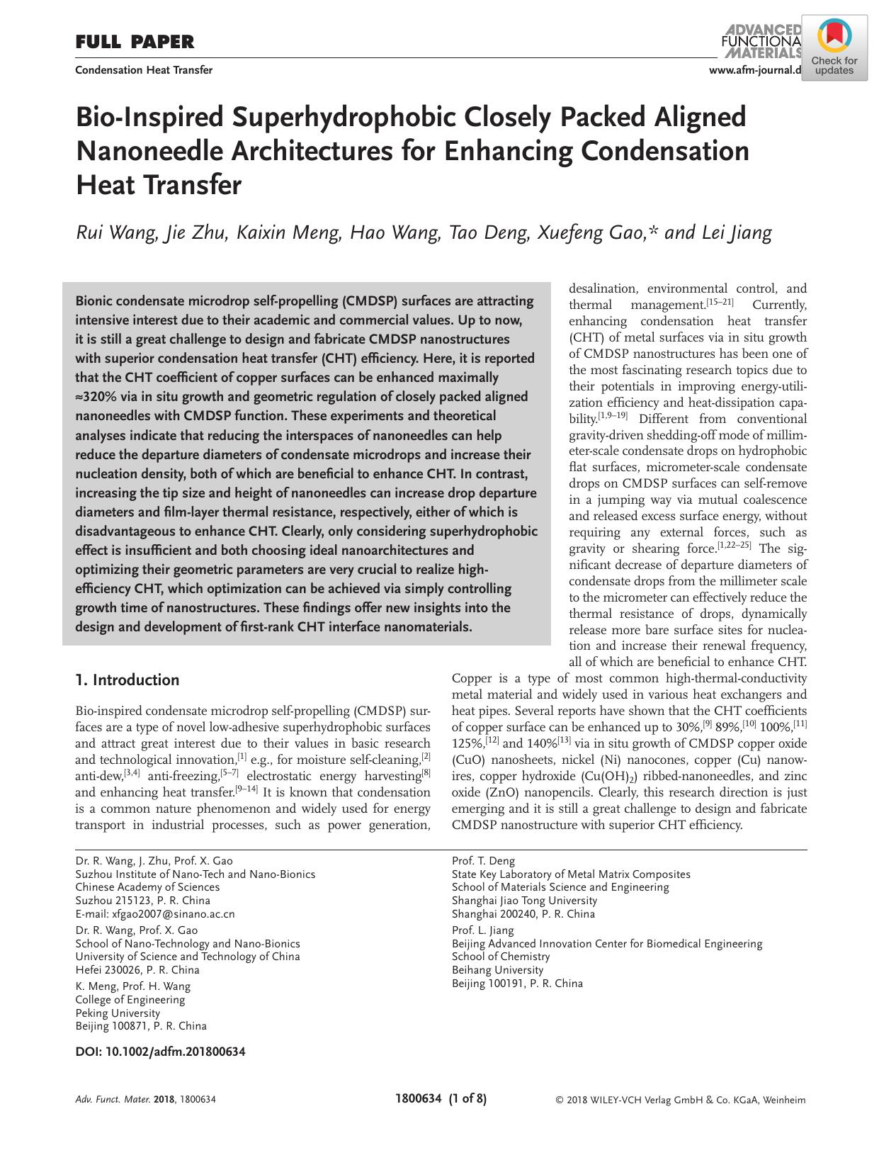 BioâInspired Superhydrophobic Closely Packed Aligned Nanoneedle Architectures for Enhancing Condensation Heat Transfer by Unknown