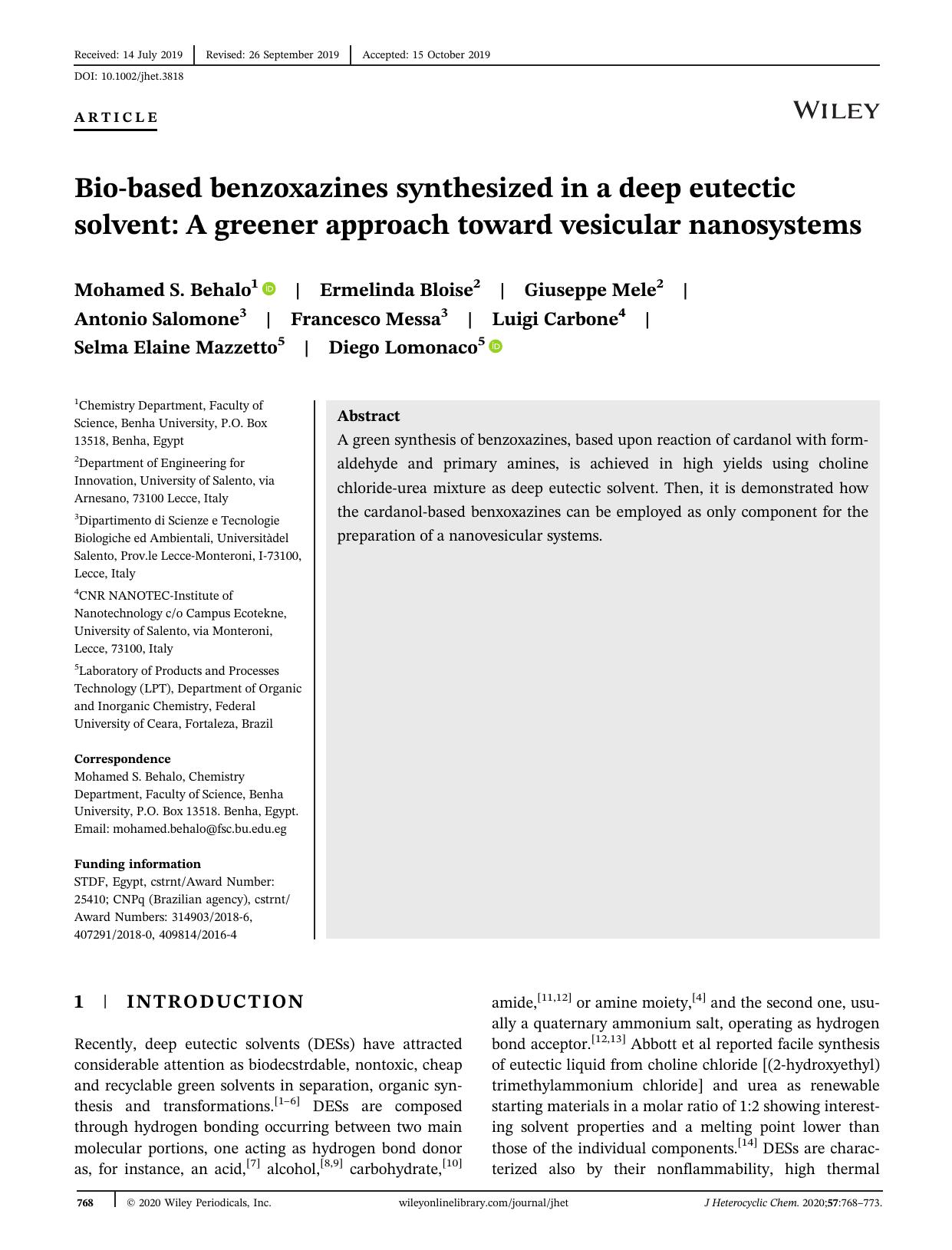 Bioâbased benzoxazines synthesized in a deep eutectic solvent: A greener approach toward vesicular nanosystems by unknow