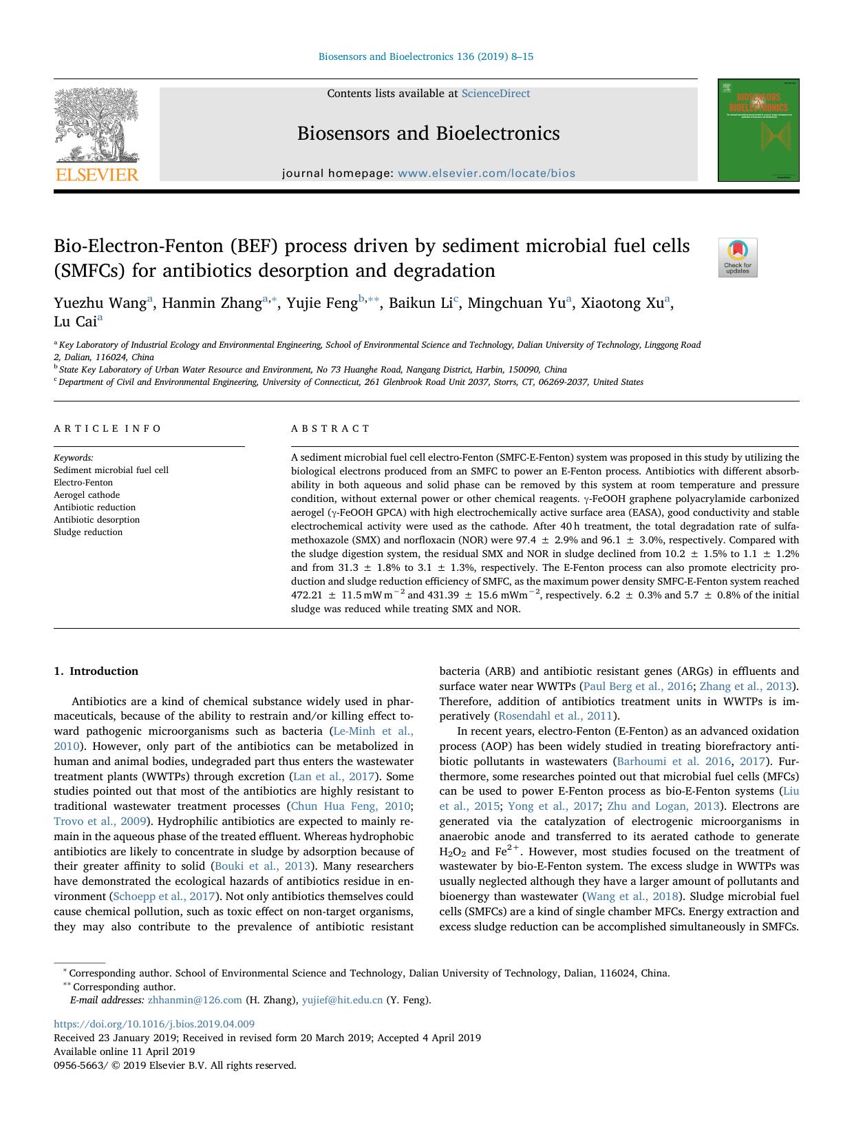 Bio-Electron-Fenton (BEF) process driven by sediment microbial fuel cells (SMFCs) for antibiotics desorption and degradation by Yuezhu Wang & Hanmin Zhang & Yujie Feng & Baikun Li & Mingchuan Yu & Xiaotong Xu & Lu Cai