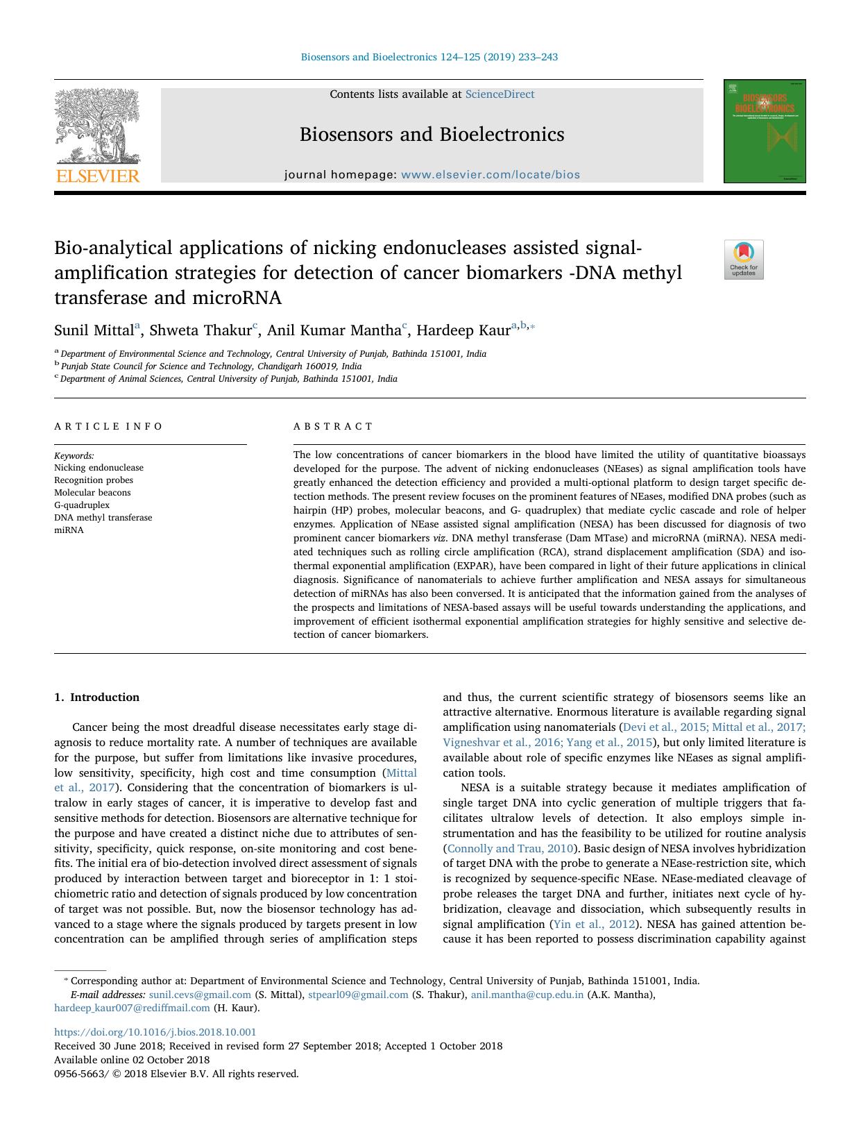 Bio-analytical applications of nicking endonucleases assisted signal-amplification strategies for detection of cancer biomarkers -DNA methyl transferase and microRNA by Sunil Mittal & Shweta Thakur & Anil Kumar Mantha & Hardeep Kaur