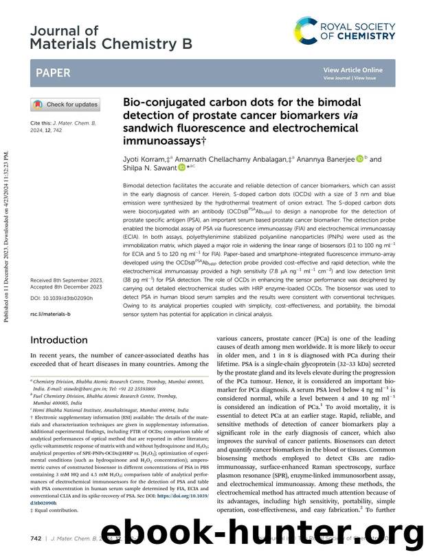 Bio-conjugated carbon dots for the bimodal detection of prostate cancer biomarkers via sandwich fluorescence and electrochemical immunoassays by Jyoti Korram & Amarnath Chellachamy Anbalagan & Anannya Banerjee & Shilpa N. Sawant