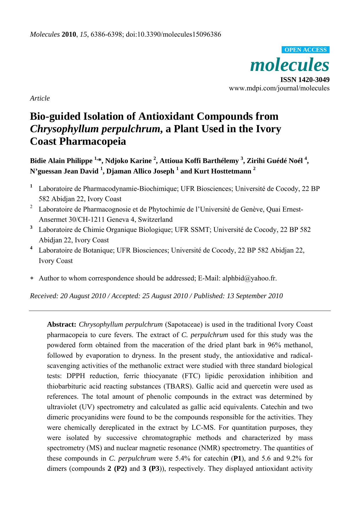 Bio-guided Isolation of Antioxidant Compounds from Chrysophyllum perpulchrum, a Plant Used in the Ivory Coast Pharmacopeia by unknow