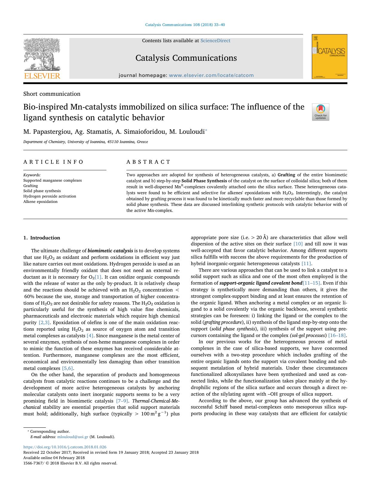 Bio-inspired Mn-catalysts immobilized on silica surface_ The influence of the ligand synthesis on catalytic behavior by M. Papastergiou & Ag. Stamatis & A. Simaioforidou & M. Louloudi