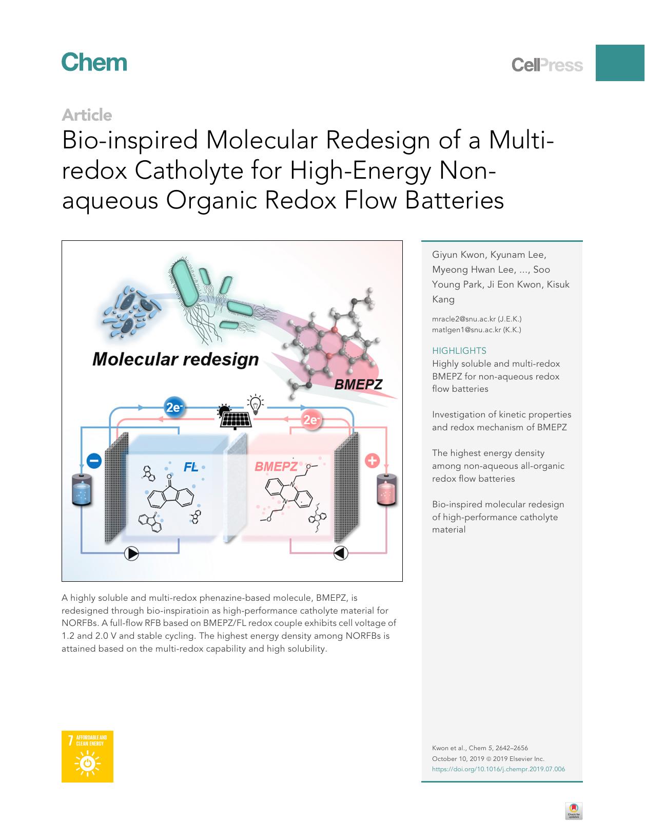 Bio-inspired Molecular Redesign of a Multi-redox Catholyte for High-Energy Non-aqueous Organic Redox Flow Batteries by unknow