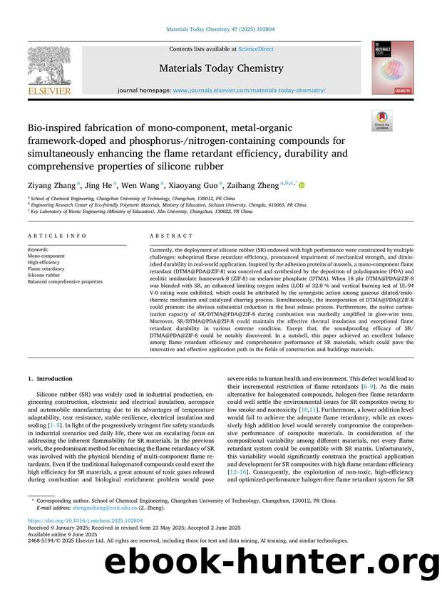 Bio-inspired fabrication of mono-component, metal-organic framework-doped and phosphorus-nitrogen-containing compounds for simultaneously enhancing the flame retardant efficiency,  by Ziyang Zhang & Jing He & Wen Wang & Xiaoyang Guo & Zaihang Zheng
