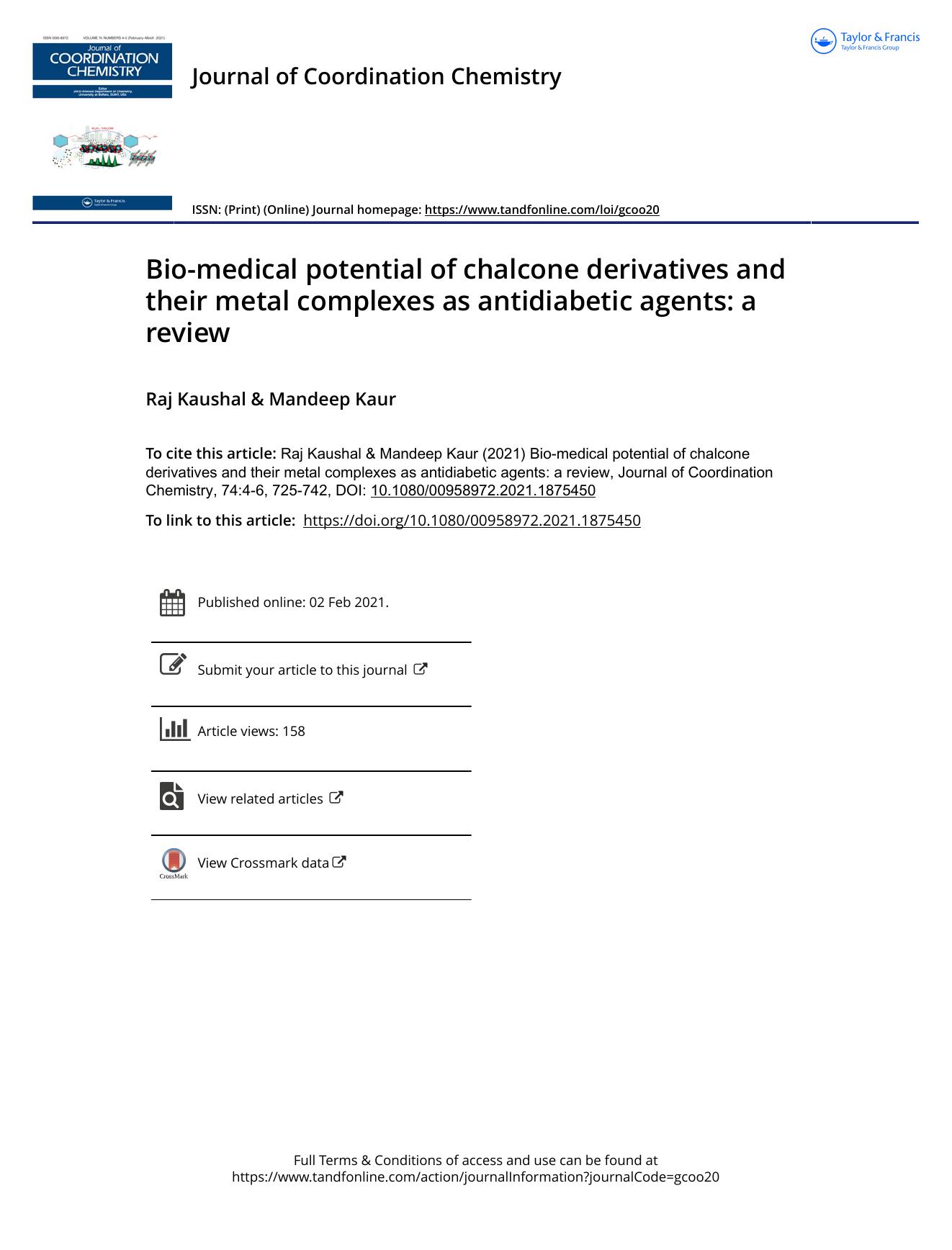 Bio-medical potential of chalcone derivatives and their metal complexes as antidiabetic agents: a review by Kaushal Raj & Kaur Mandeep