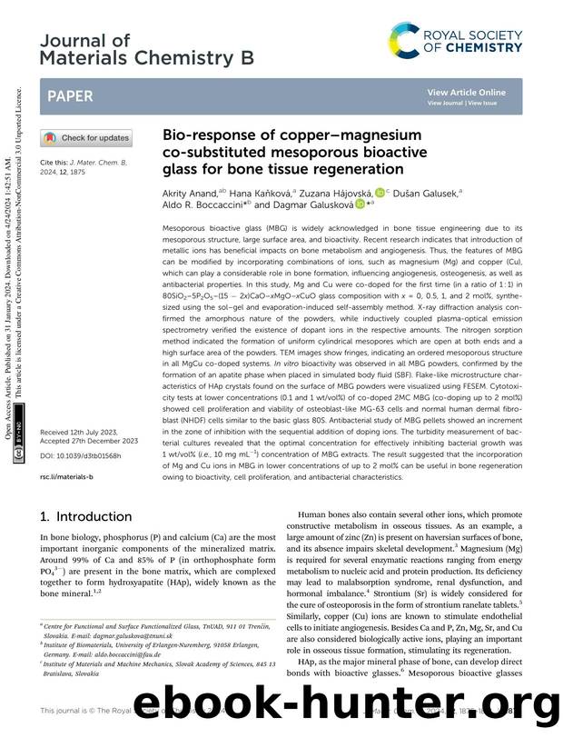 Bio-response of copper–magnesium co-substituted mesoporous bioactive glass for bone tissue regeneration by unknow